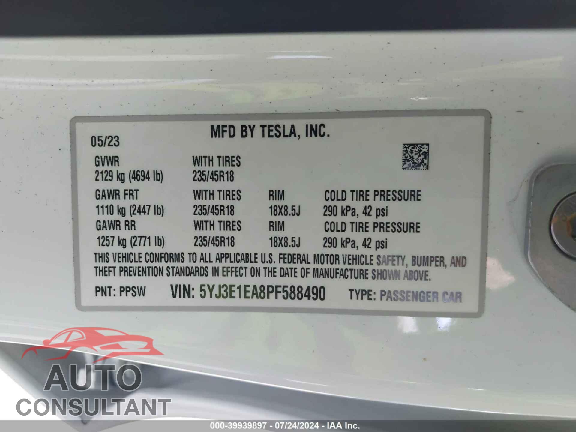 TESLA MODEL 3 2023 - 5YJ3E1EA8PF588490