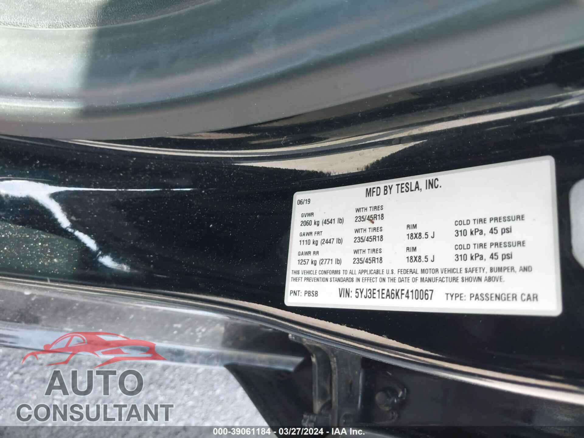 TESLA MODEL 3 2019 - 5YJ3E1EA6KF410067
