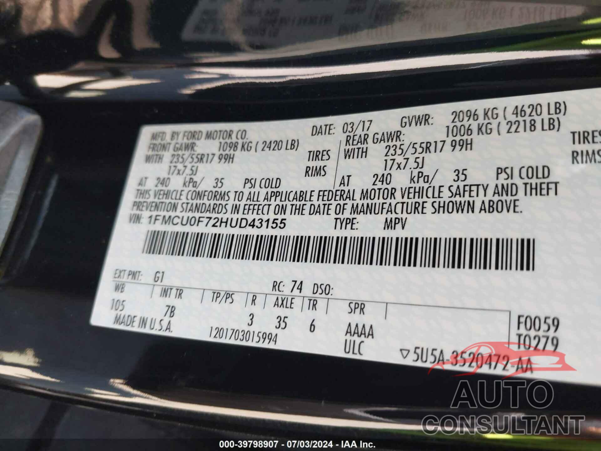 FORD ESCAPE 2017 - 1FMCU0F72HUD43155