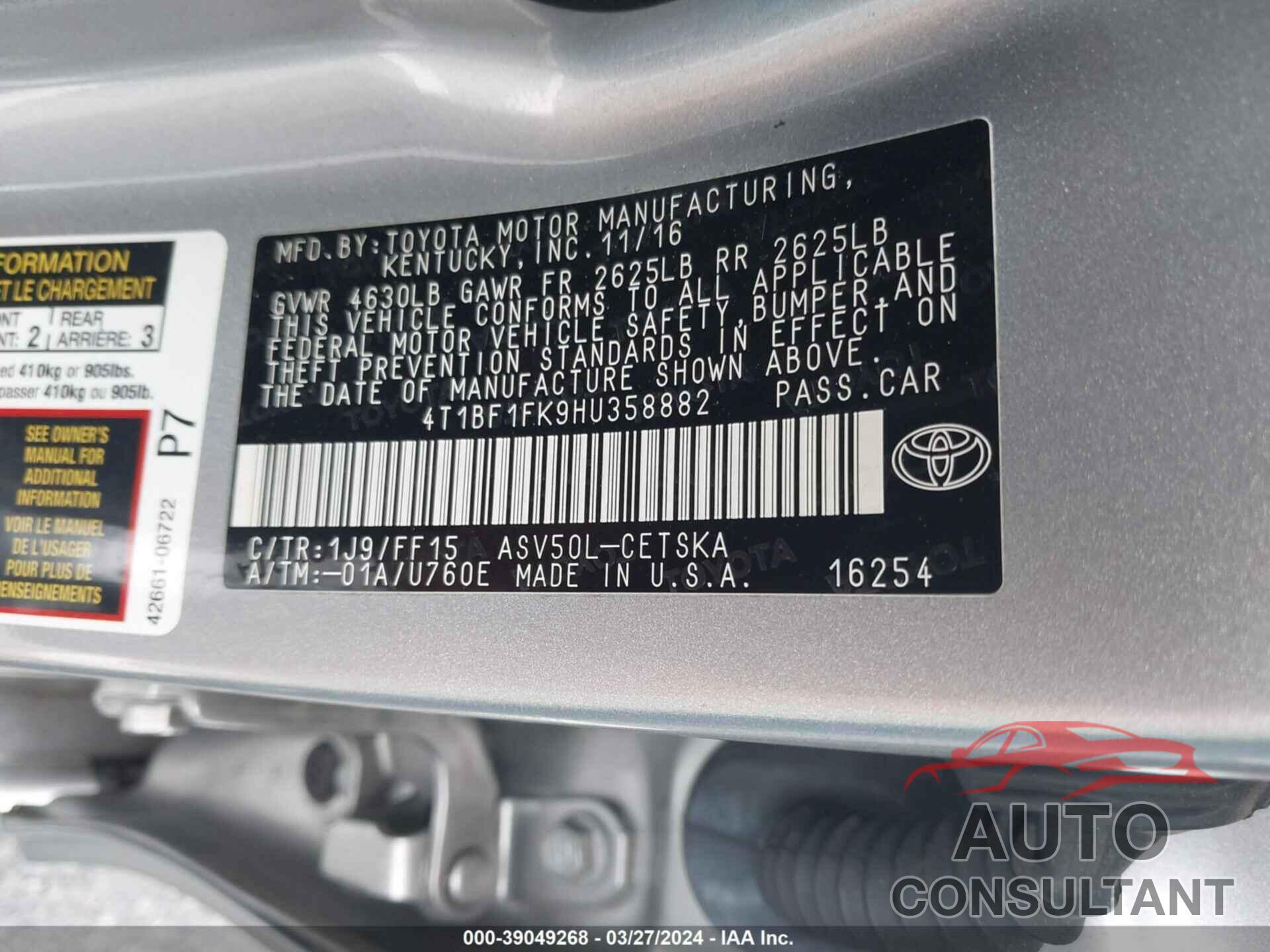 TOYOTA CAMRY 2017 - 4T1BF1FK9HU358882