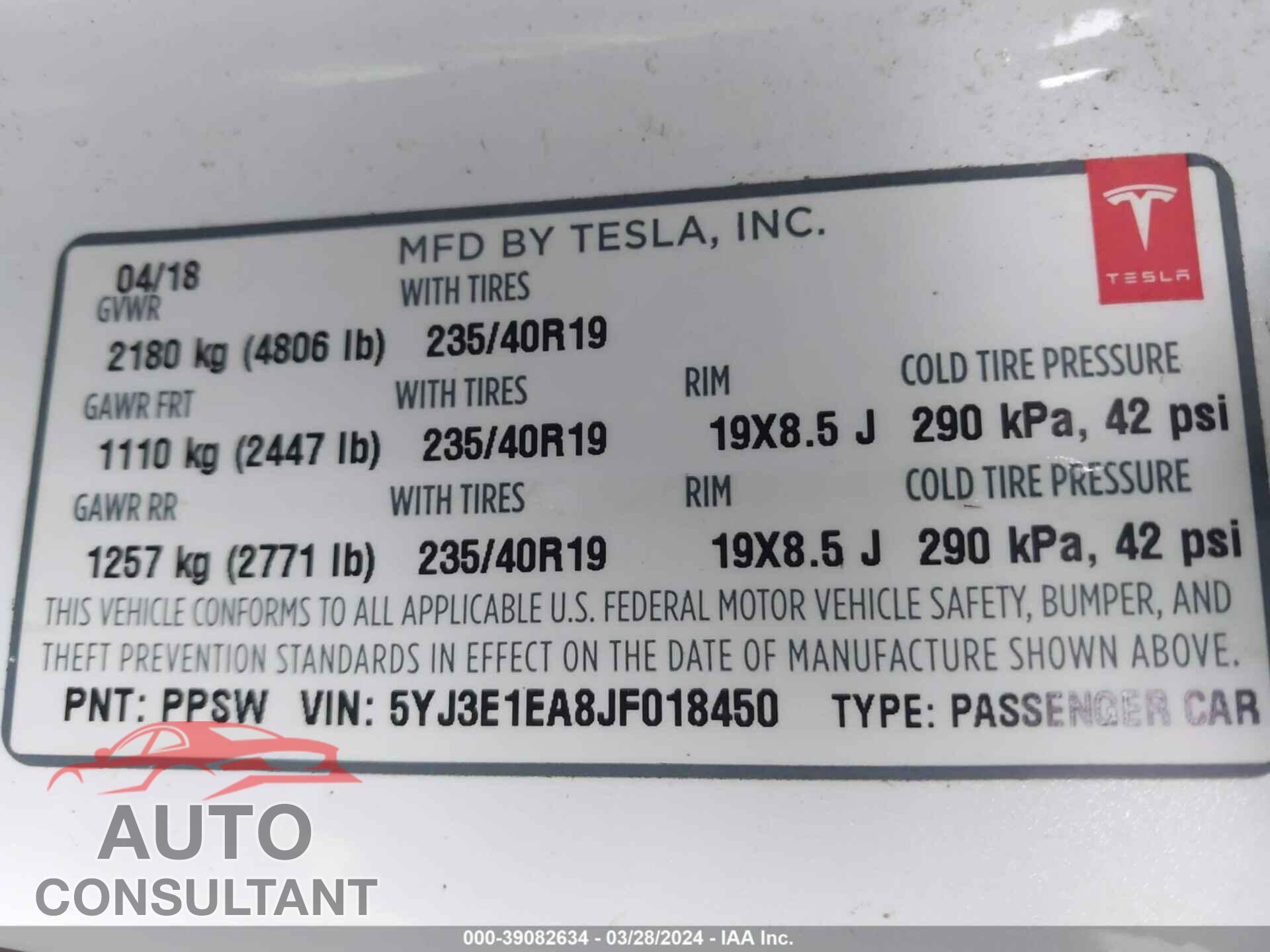 TESLA MODEL 3 2018 - 5YJ3E1EA8JF018450
