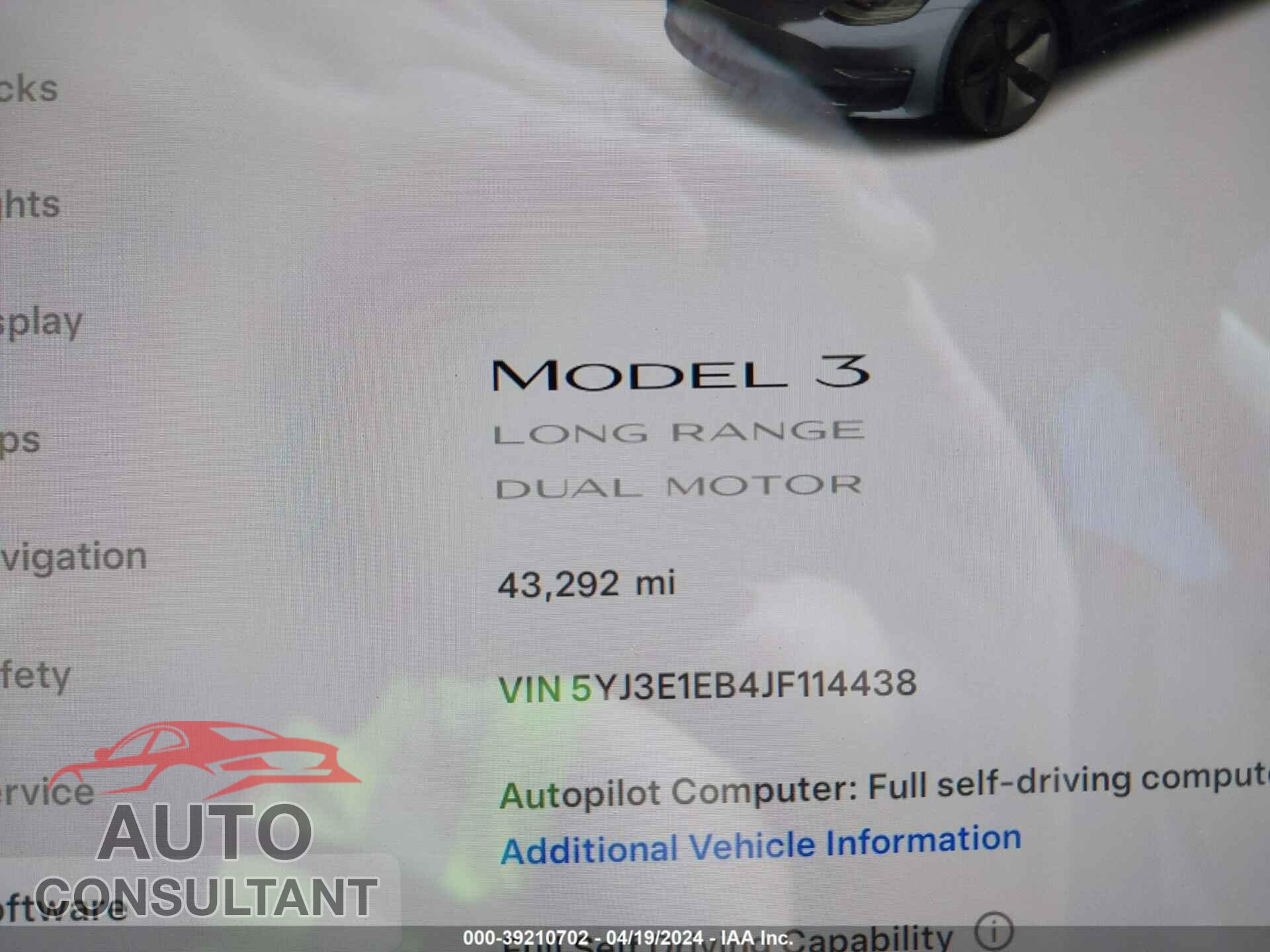 TESLA MODEL 3 2018 - 5YJ3E1EB4JF114438