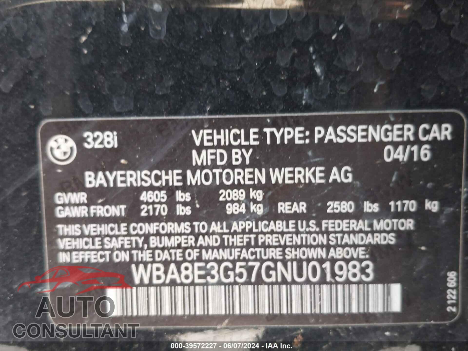 BMW 328I 2016 - WBA8E3G57GNU01983