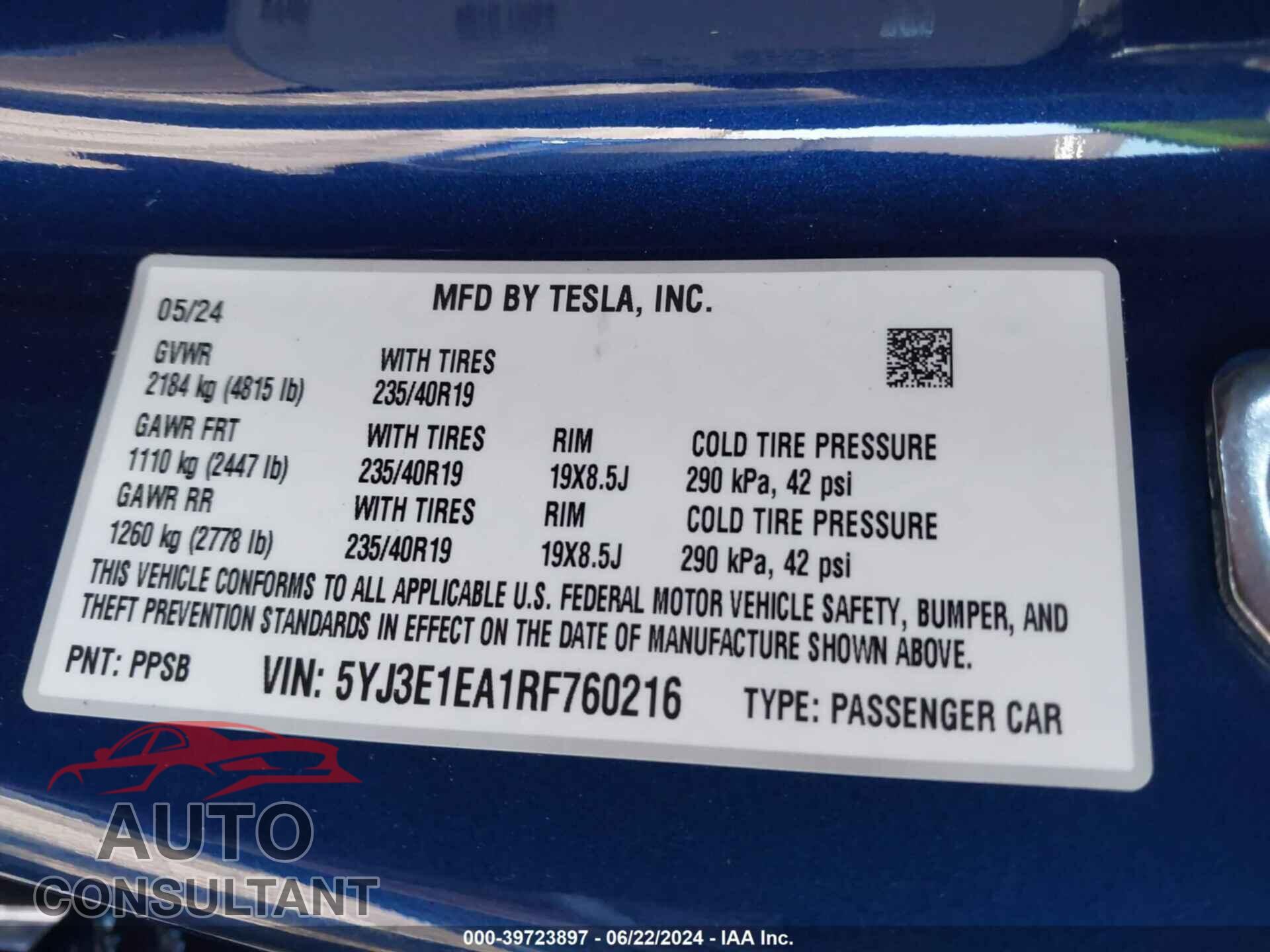 TESLA MODEL 3 2024 - 5YJ3E1EA1RF760216