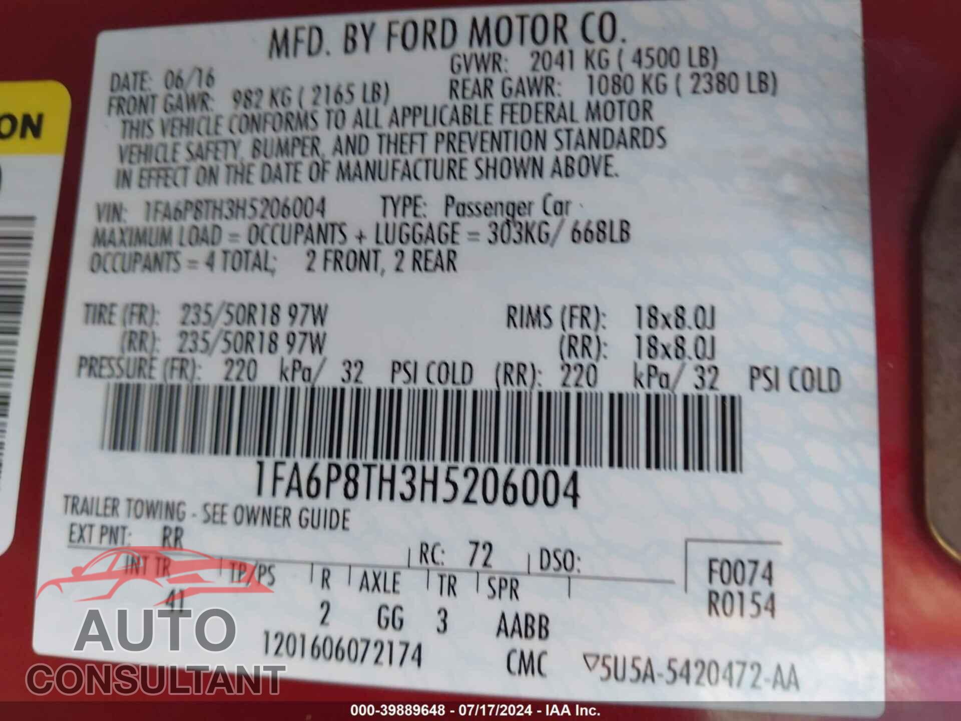 FORD MUSTANG 2017 - 1FA6P8TH3H5206004