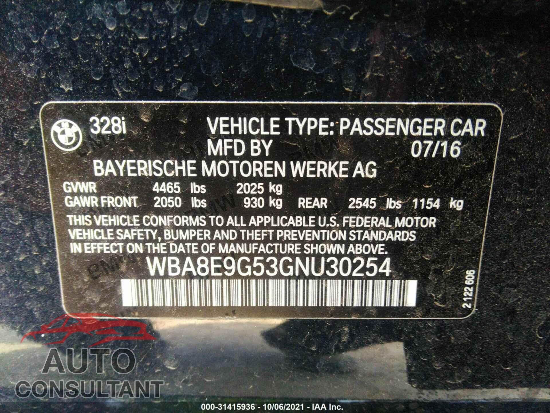 BMW 3 SERIES 2016 - WBA8E9G53GNU30254
