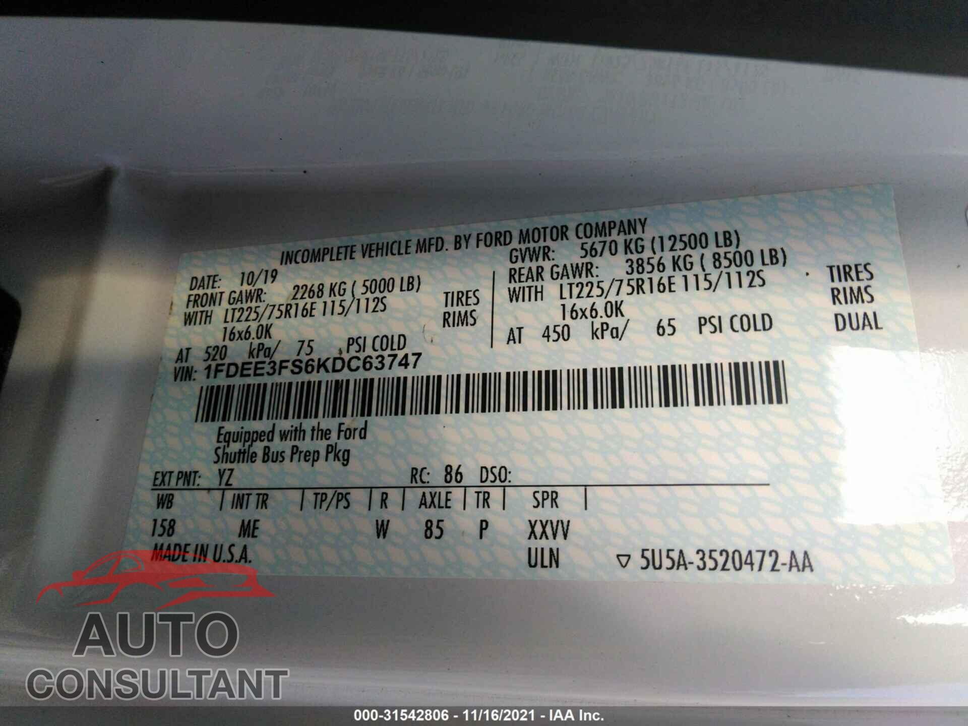 FORD E-SERIES CUTAWAY 2019 - 1FDEE3FS6KDC63747