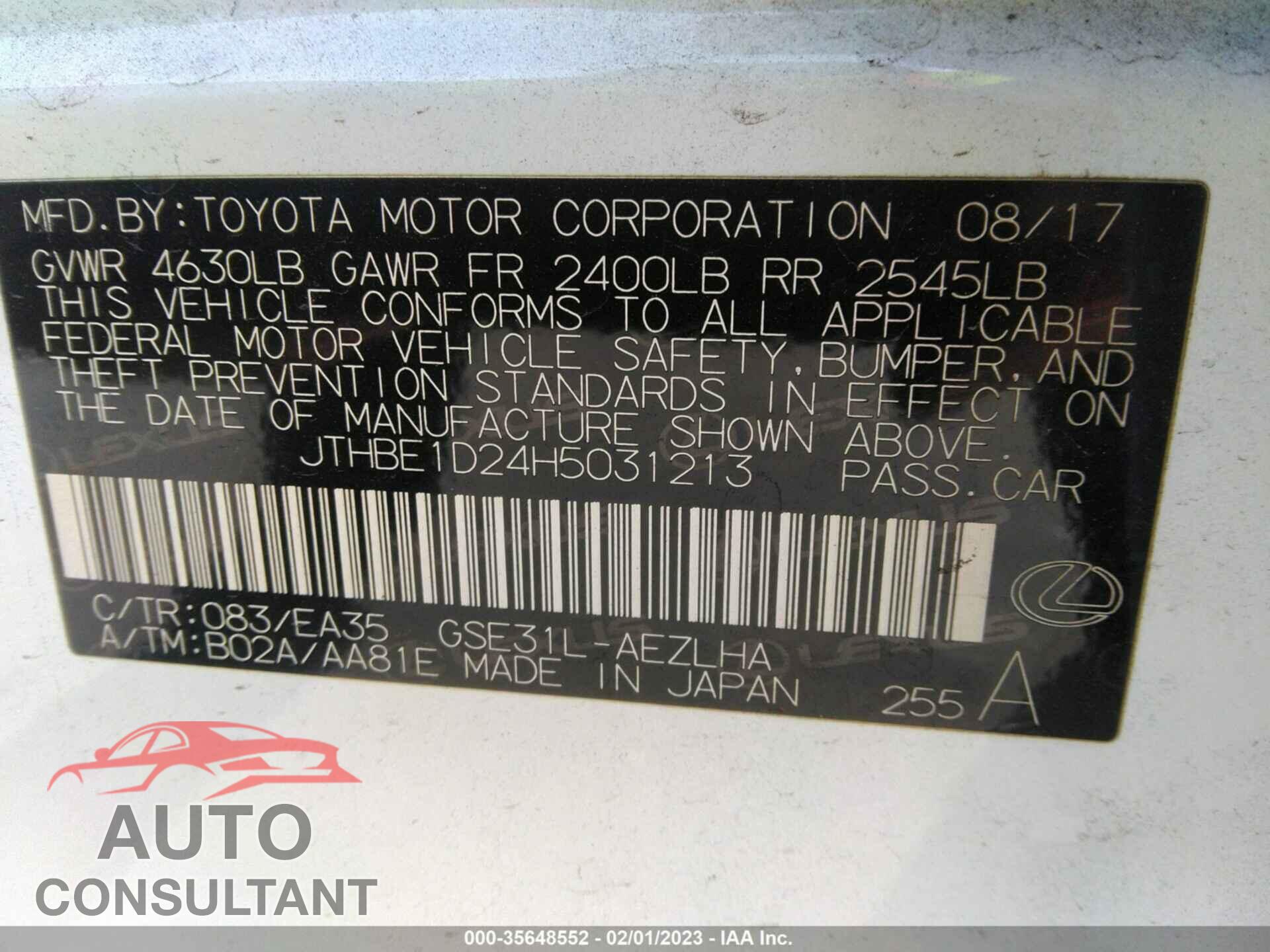 LEXUS IS 2017 - JTHBE1D24H5031213