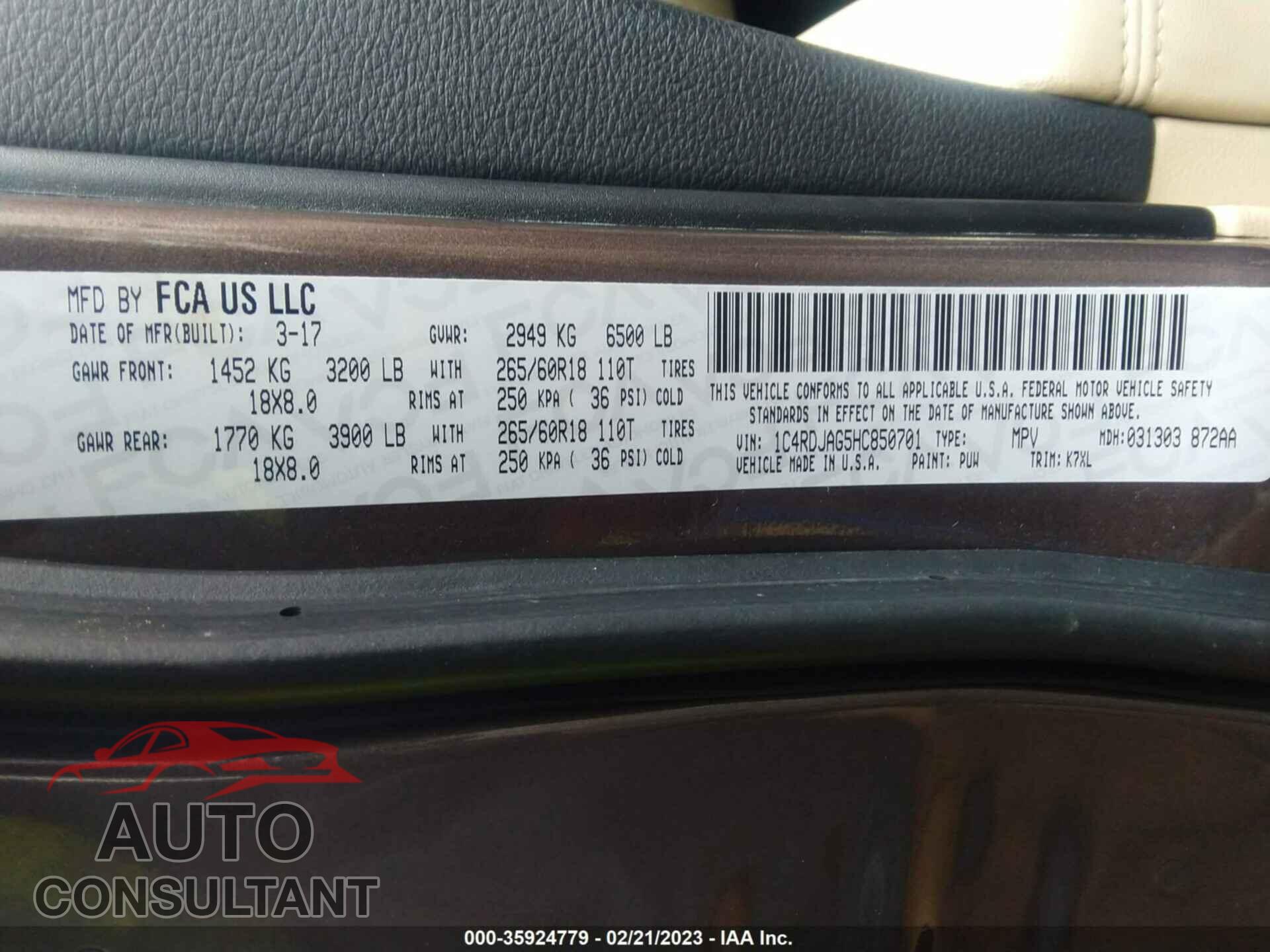 DODGE DURANGO 2017 - 1C4RDJAG5HC850701