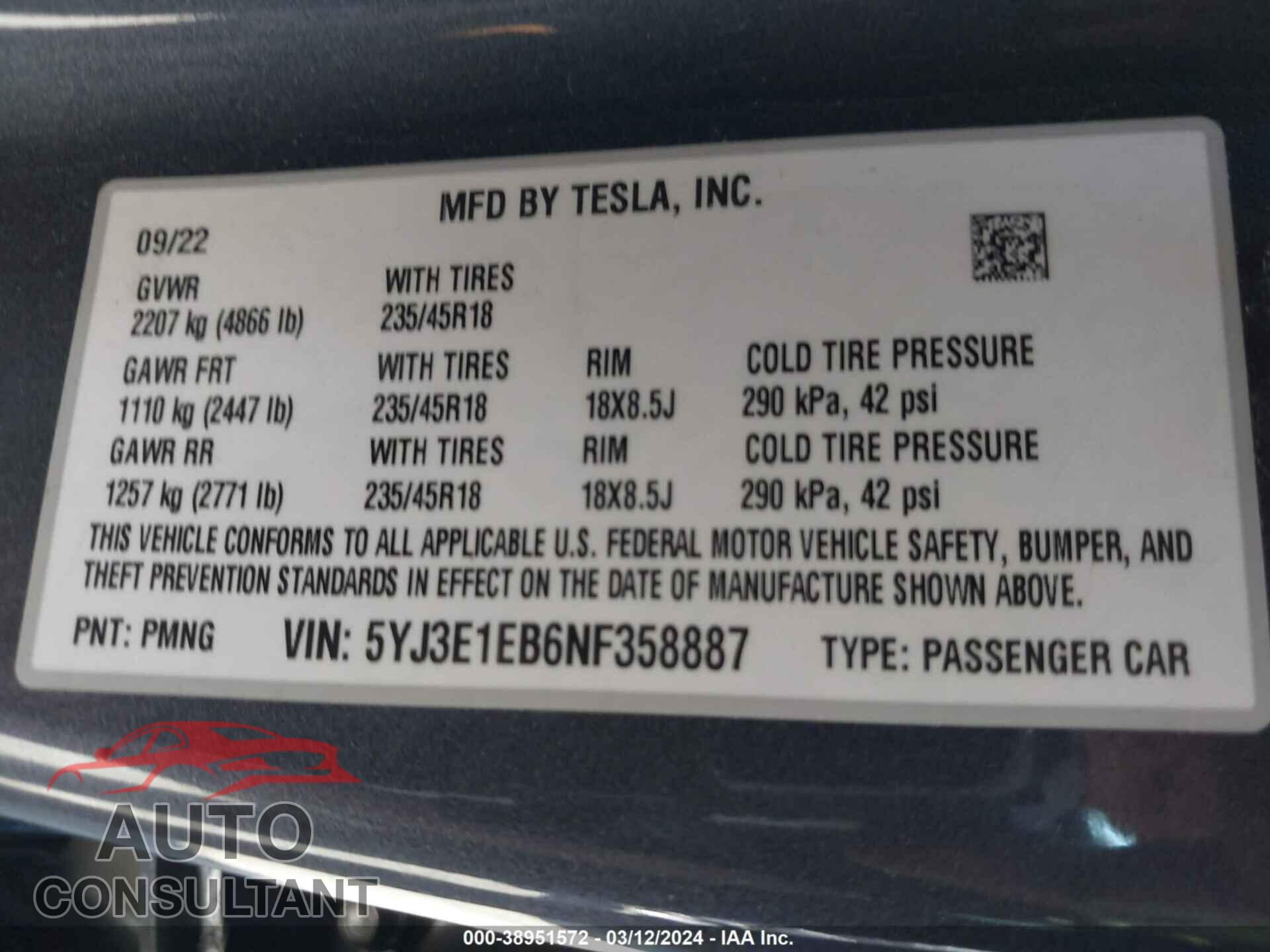 TESLA MODEL 3 2022 - 5YJ3E1EB6NF358887
