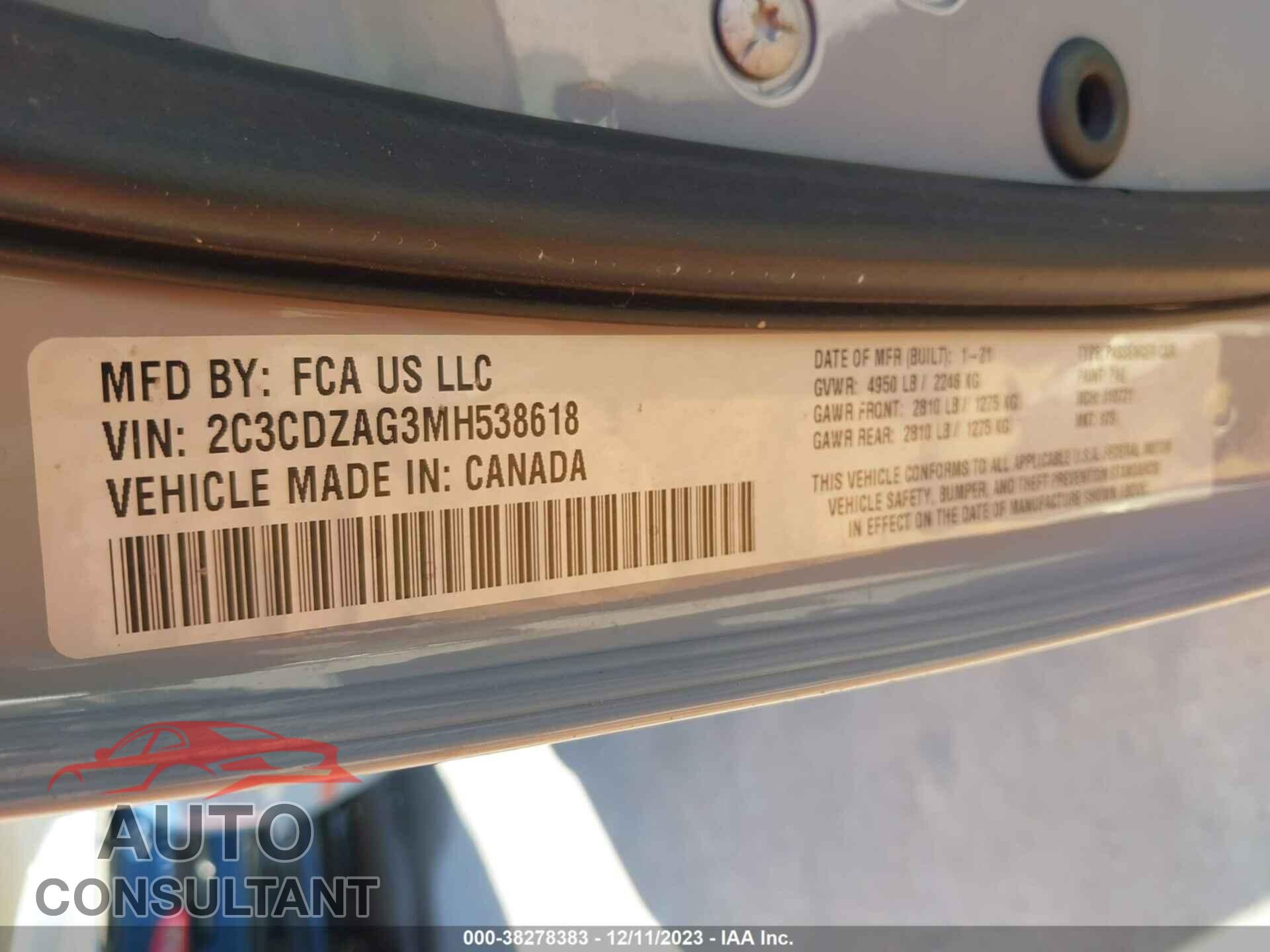 DODGE CHALLENGER 2021 - 2C3CDZAG3MH538618