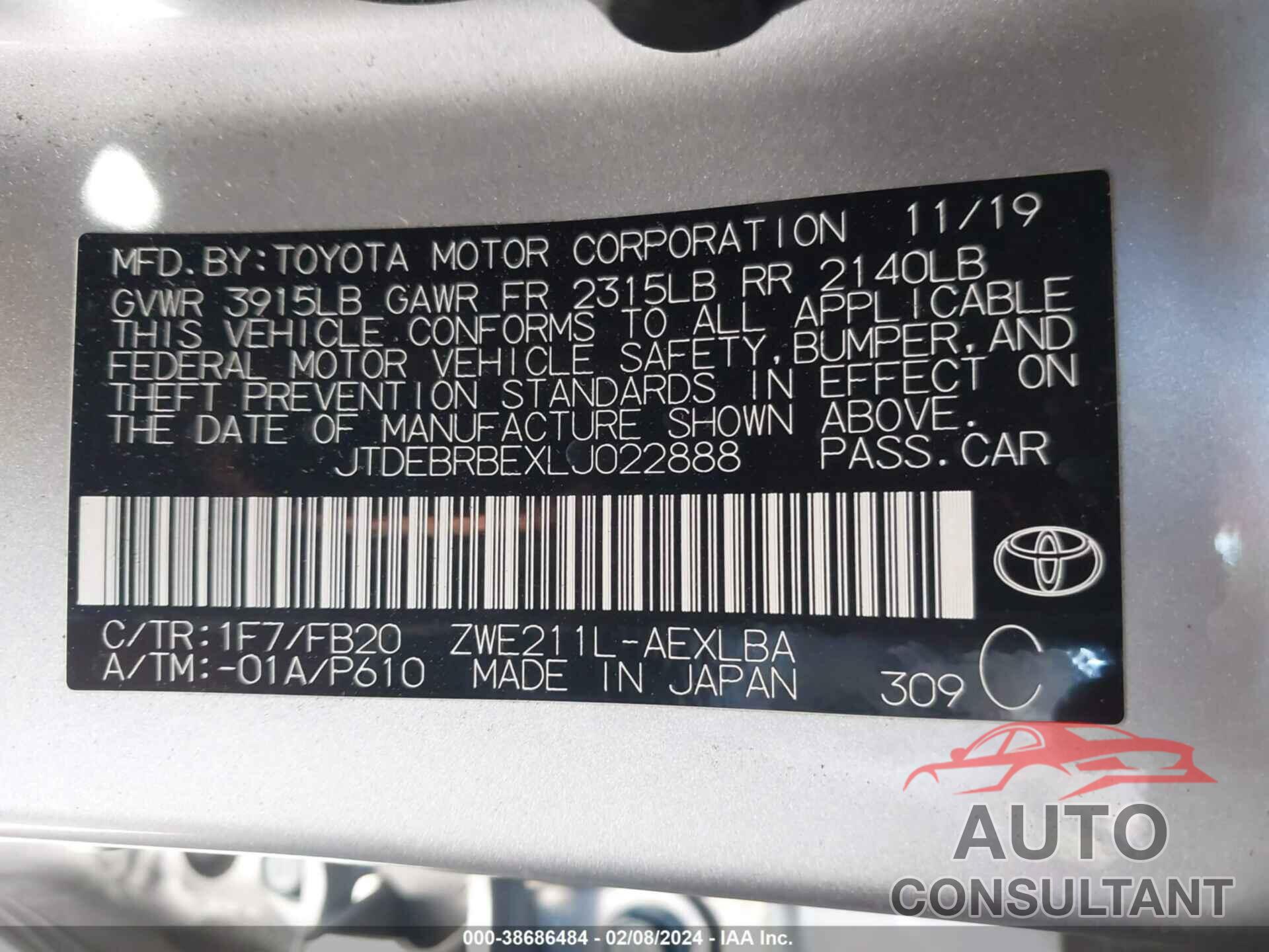 TOYOTA COROLLA 2020 - JTDEBRBEXLJ022888