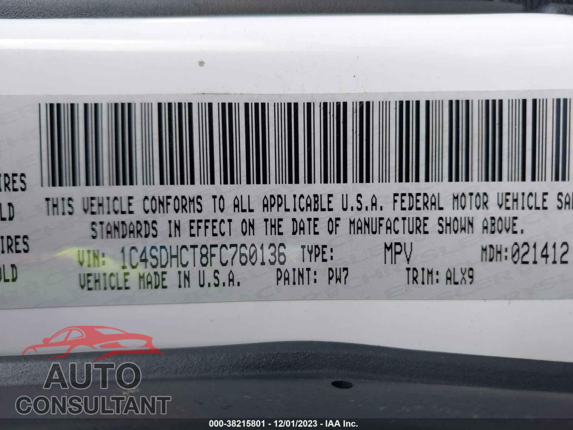 DODGE DURANGO 2015 - 1C4SDHCT8FC760136