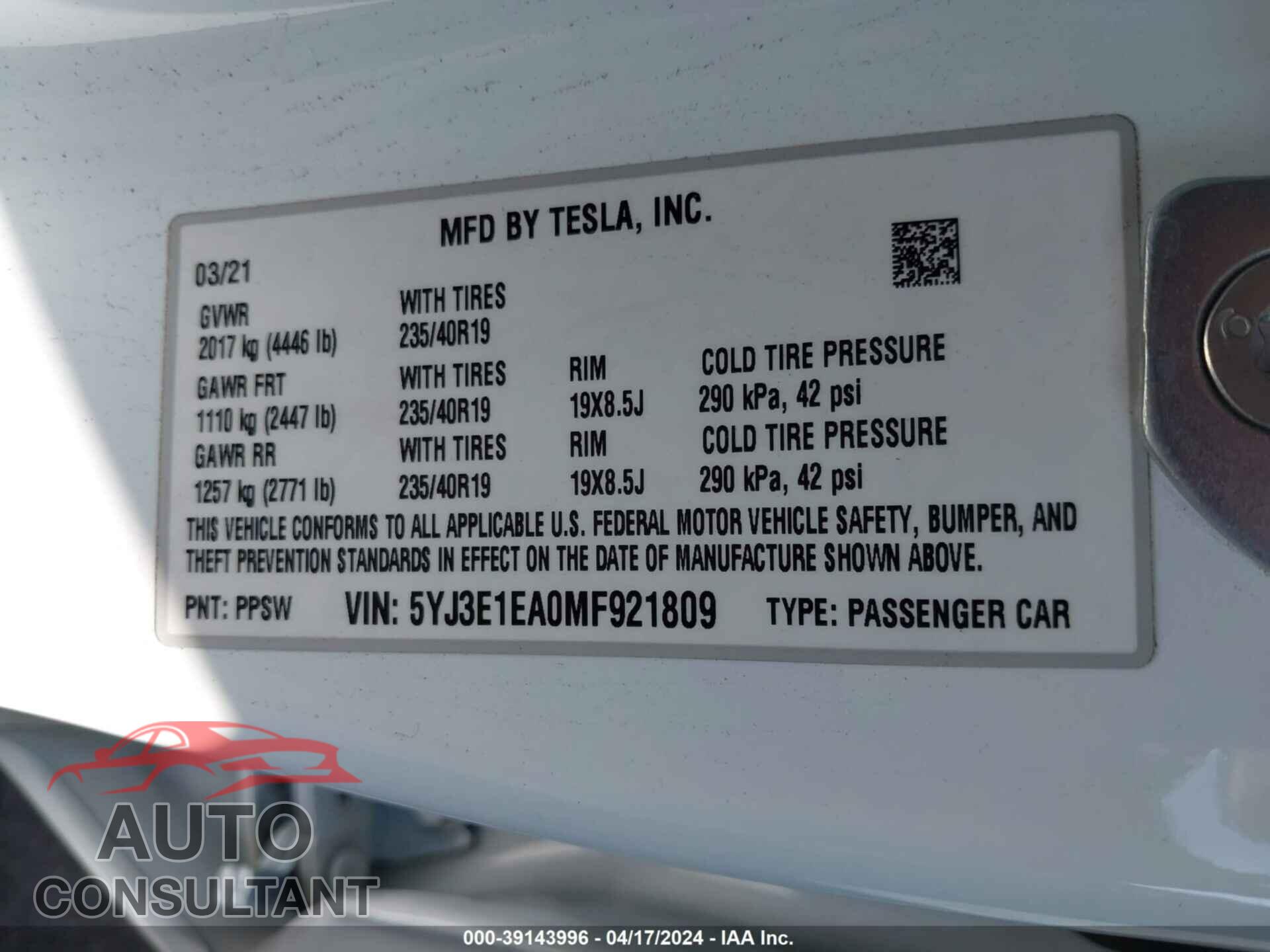 TESLA MODEL 3 2021 - 5YJ3E1EA0MF921809