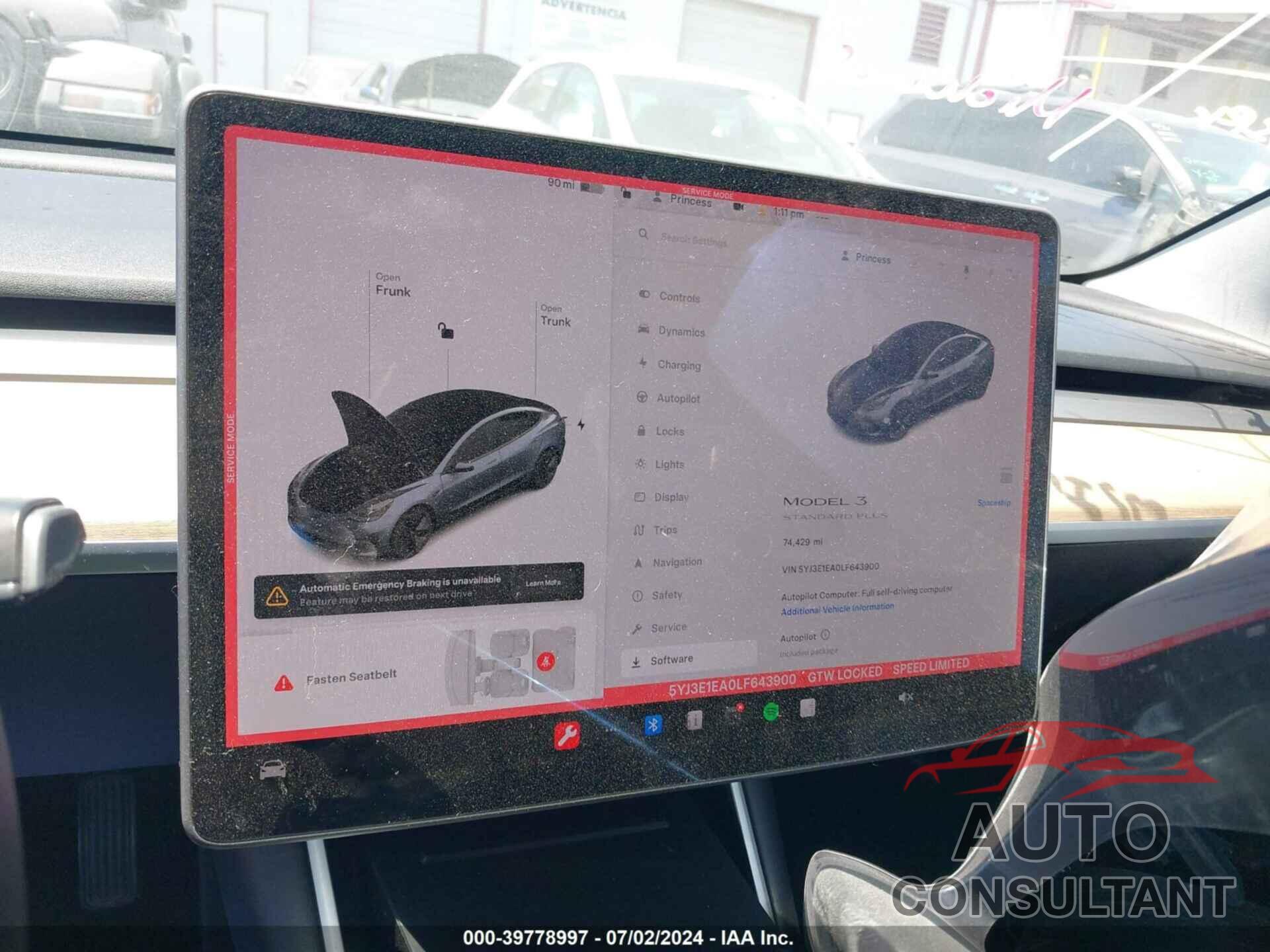 TESLA MODEL 3 2020 - 5YJ3E1EA0LF643900