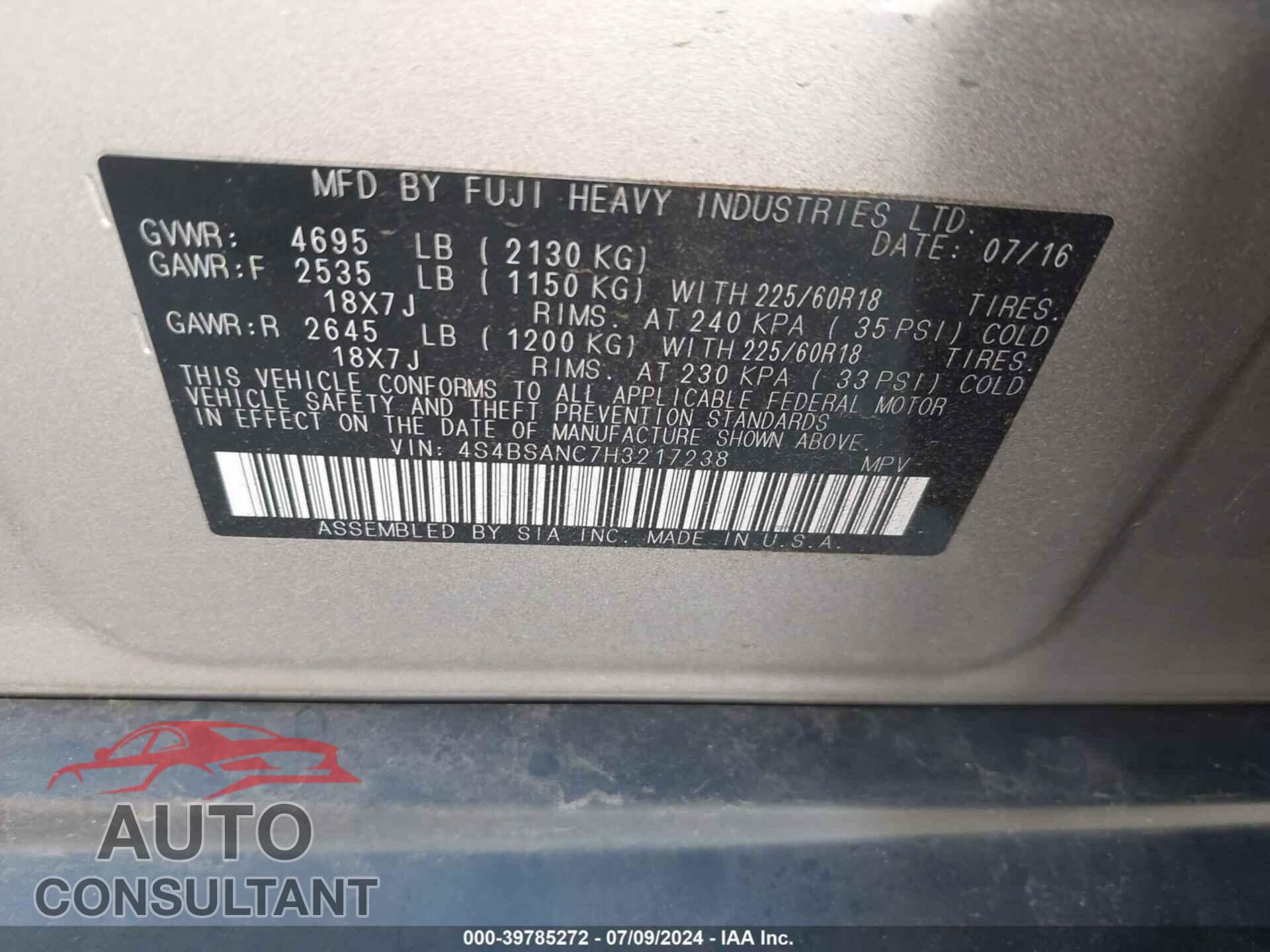 SUBARU OUTBACK 2017 - 4S4BSANC7H3217238