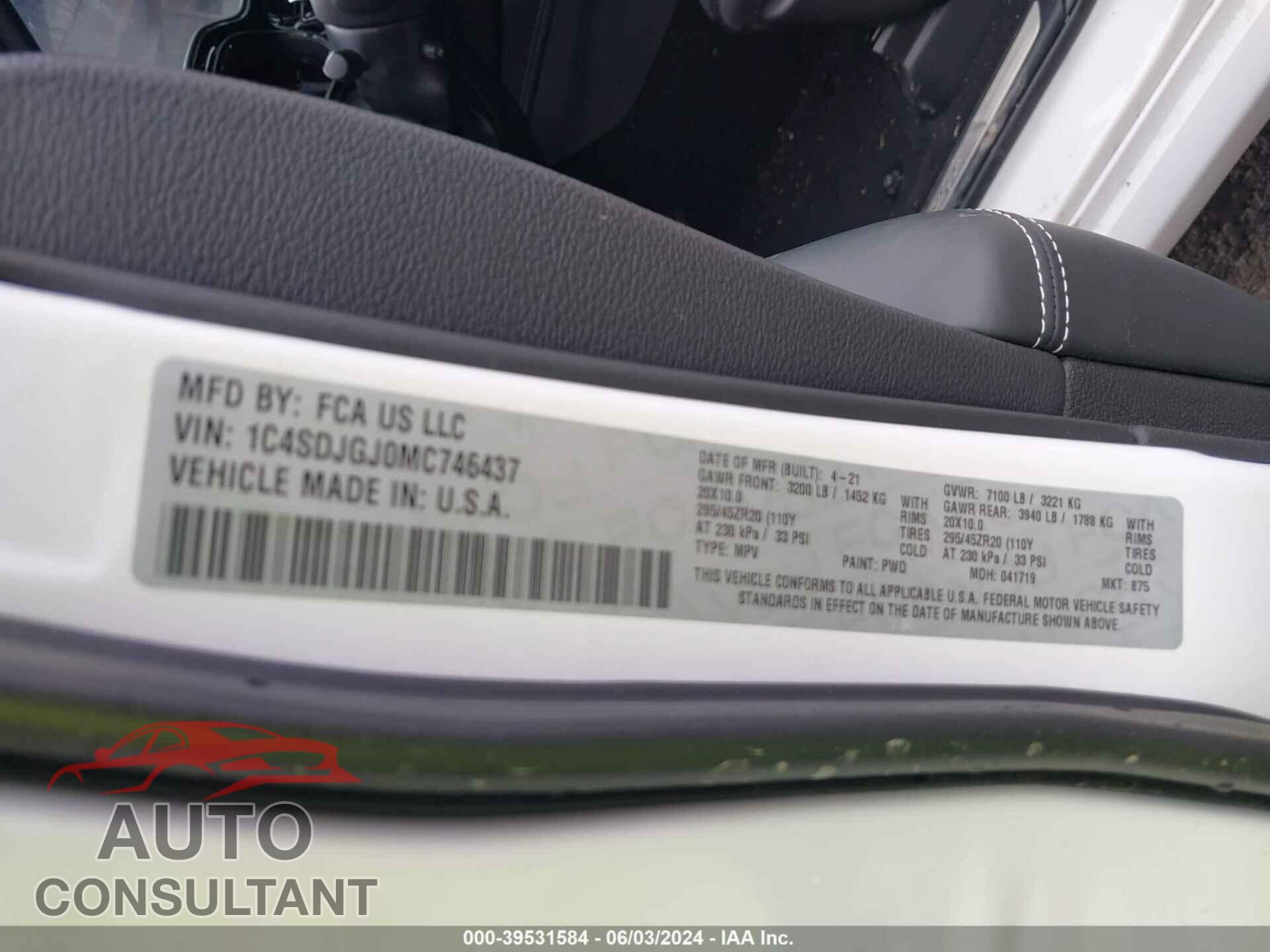 DODGE DURANGO 2021 - 1C4SDJGJ0MC746437