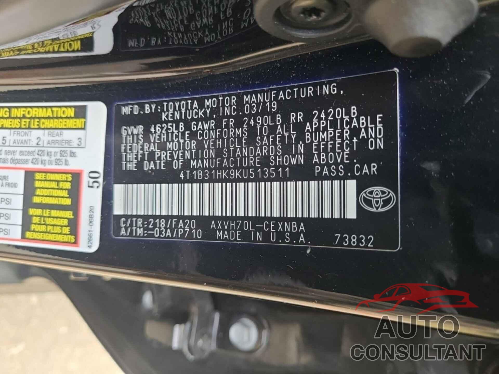 TOYOTA CAMRY 2019 - 4T1B31HK9KU513511