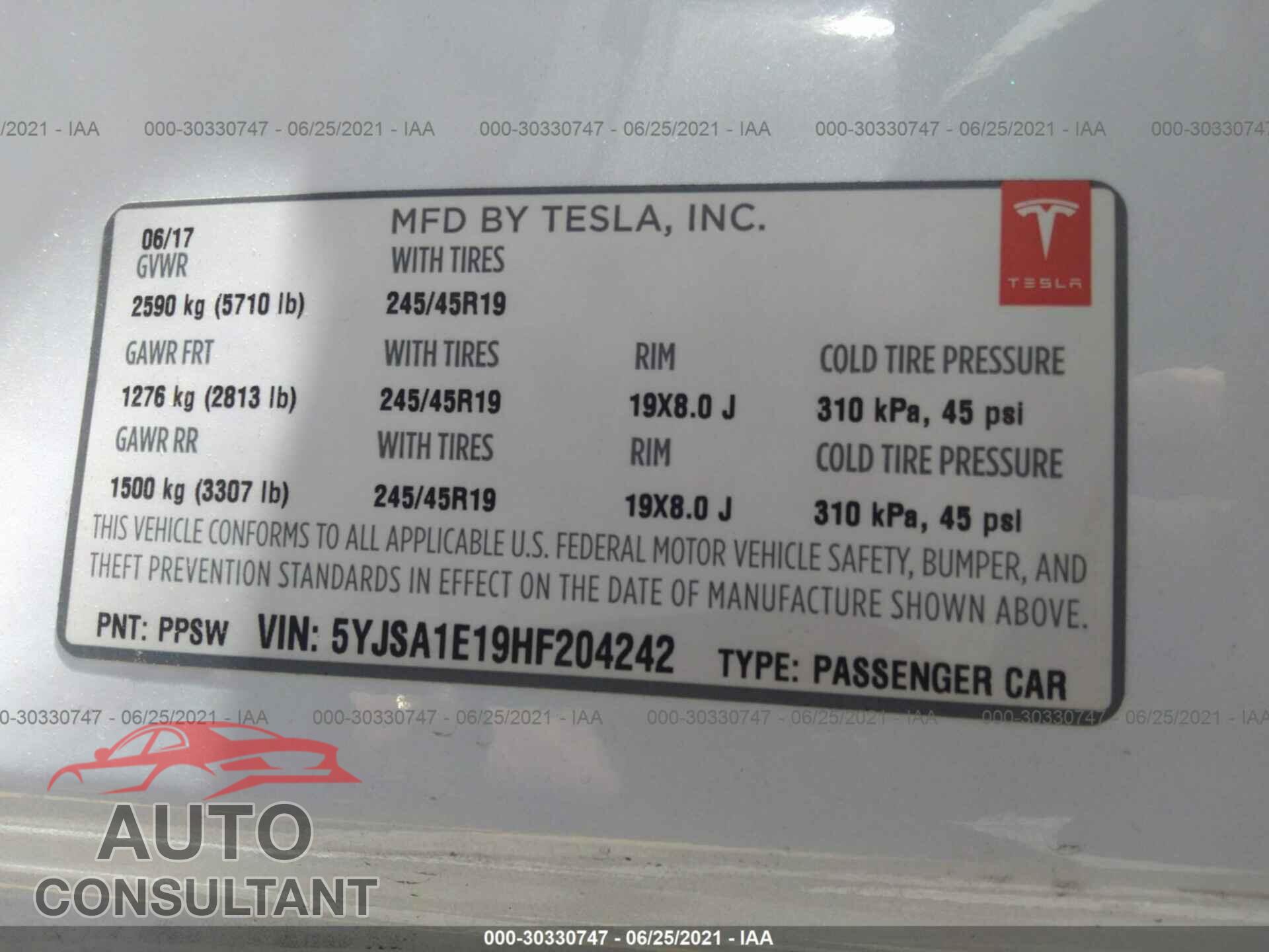 TESLA MODEL S 2017 - 5YJSA1E19HF204242