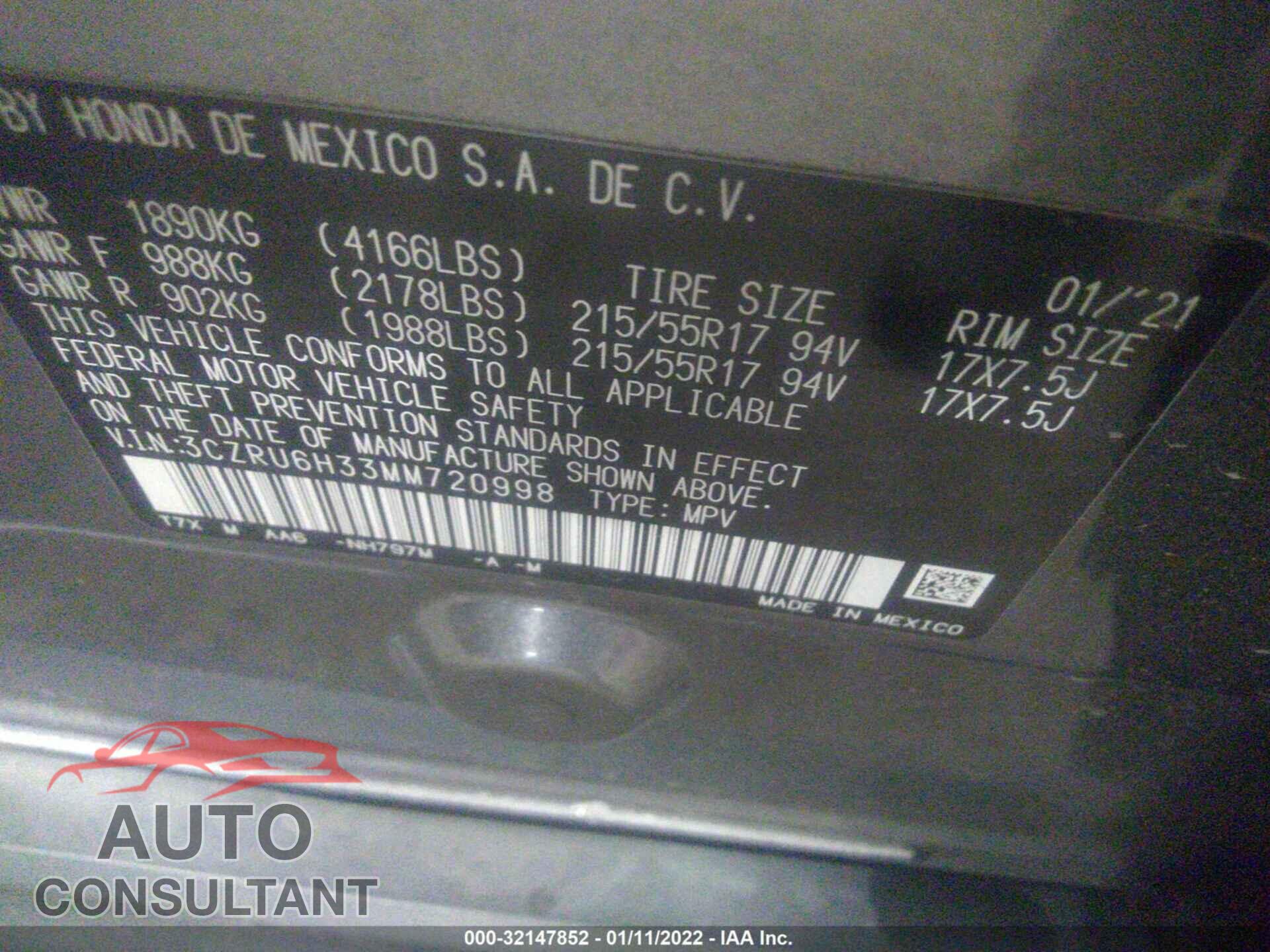 HONDA HR-V 2021 - 3CZRU6H33MM720998