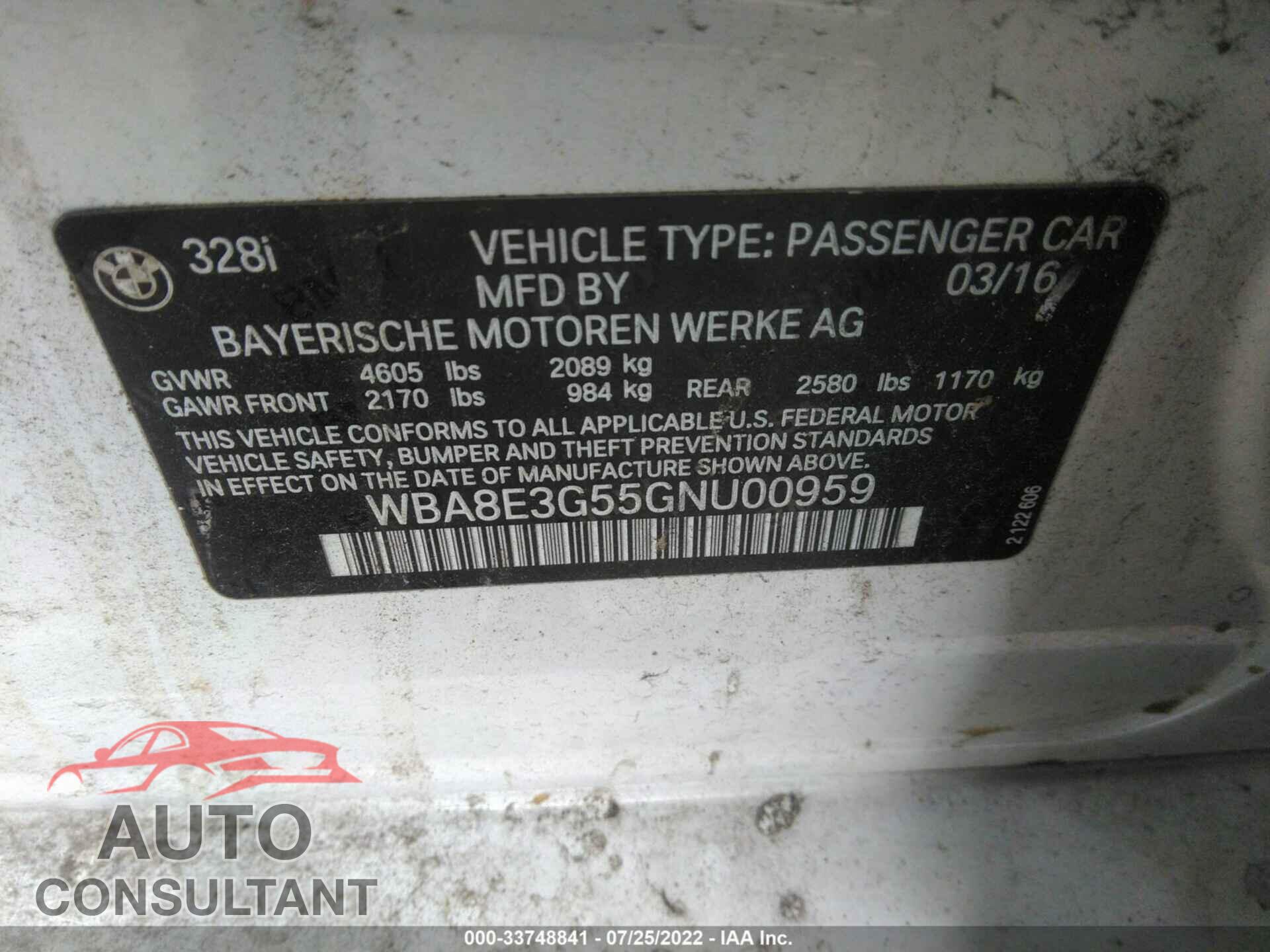 BMW 3 SERIES 2016 - WBA8E3G55GNU00959