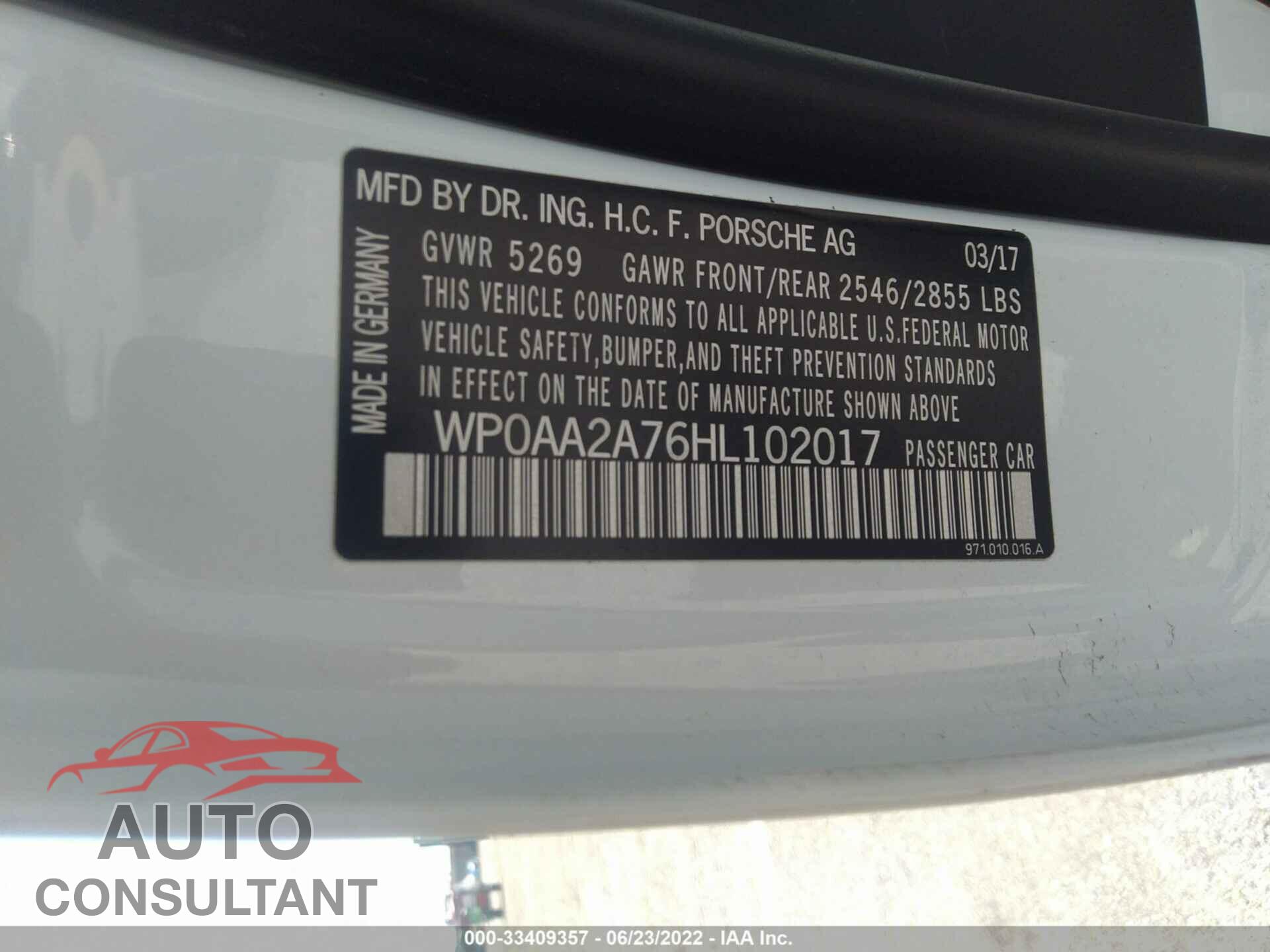 PORSCHE PANAMERA 2017 - WP0AA2A76HL102017