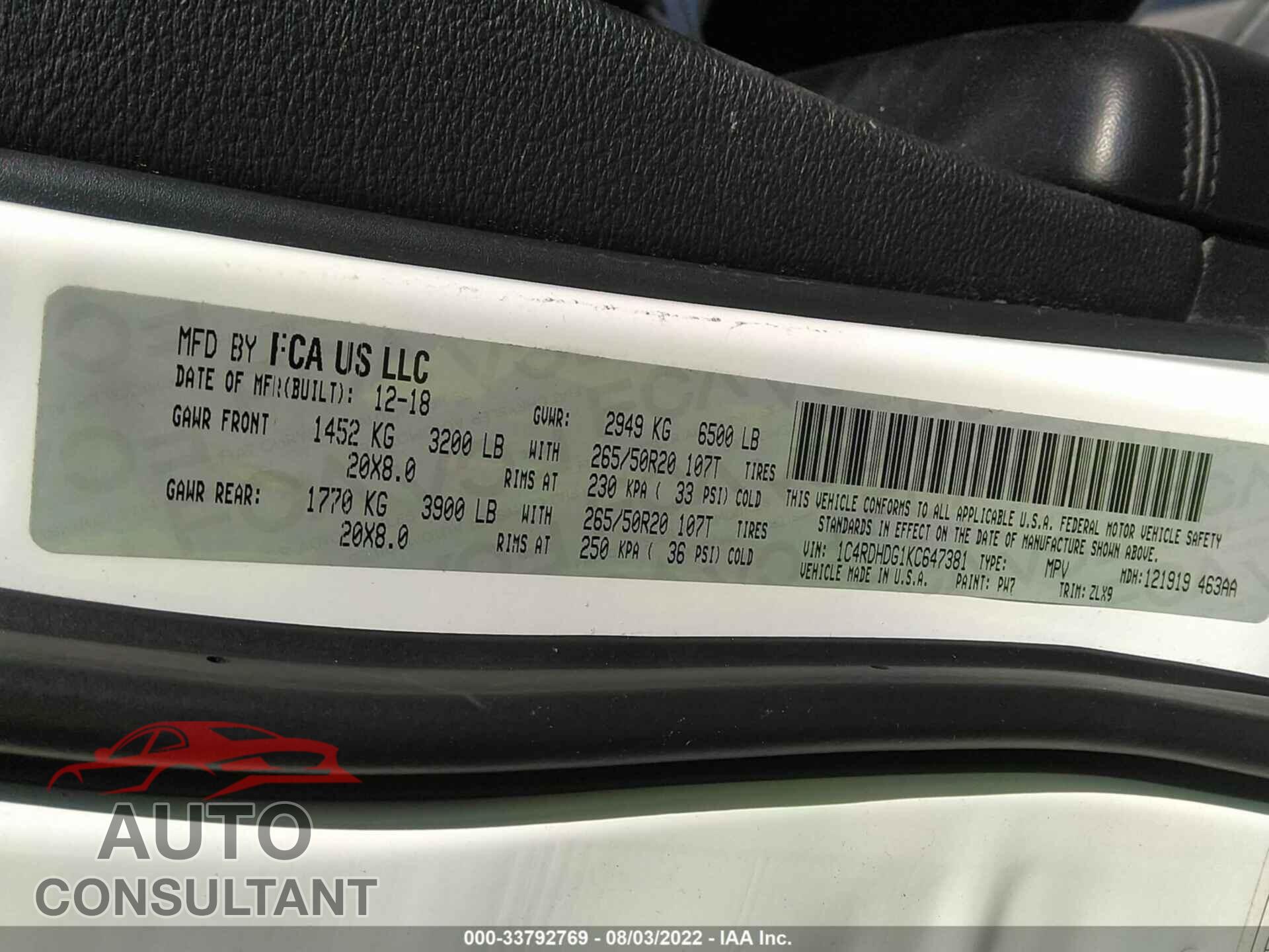 DODGE DURANGO 2019 - 1C4RDHDG1KC647381