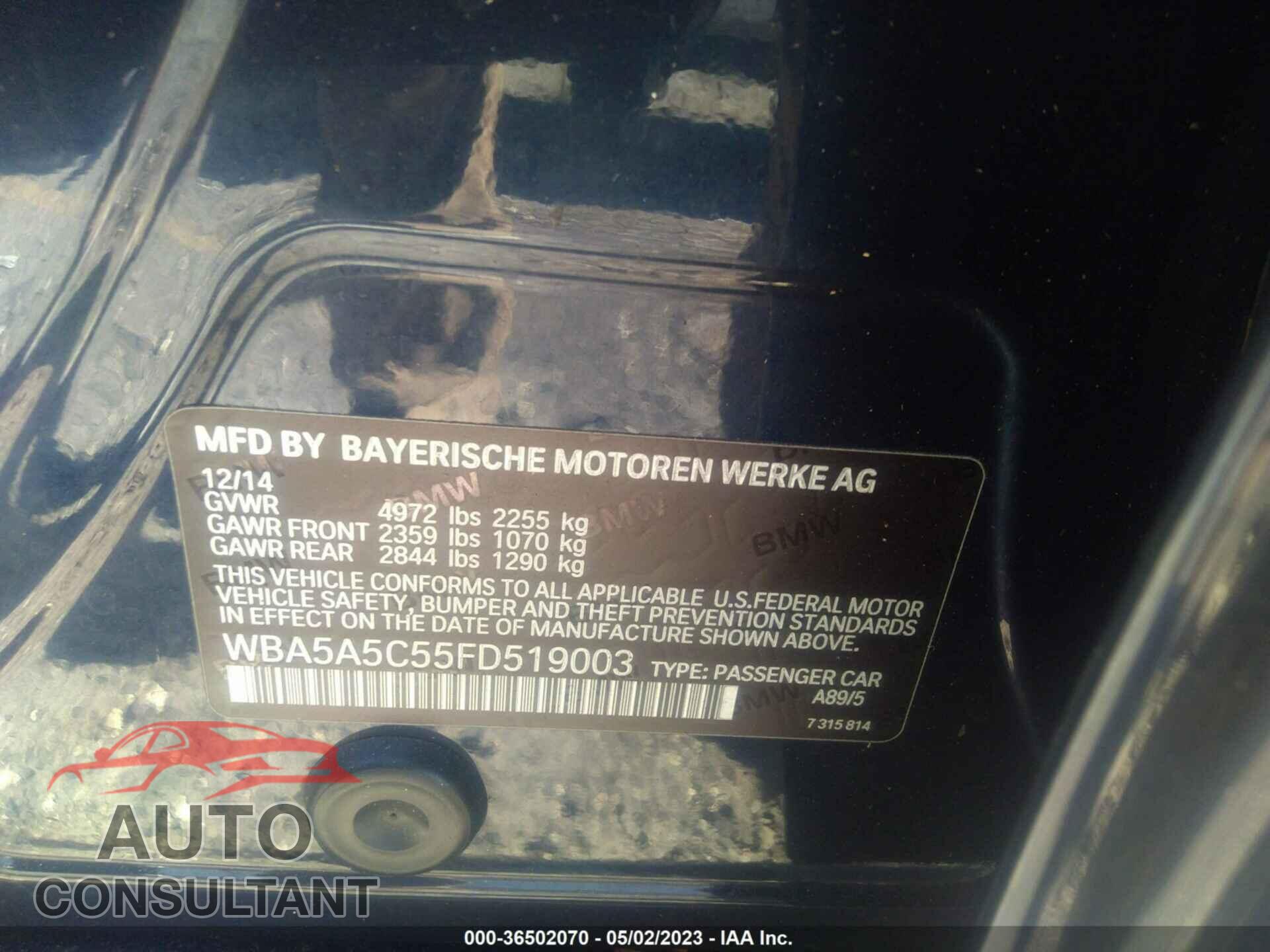 BMW 5 SERIES 2015 - WBA5A5C55FD519003