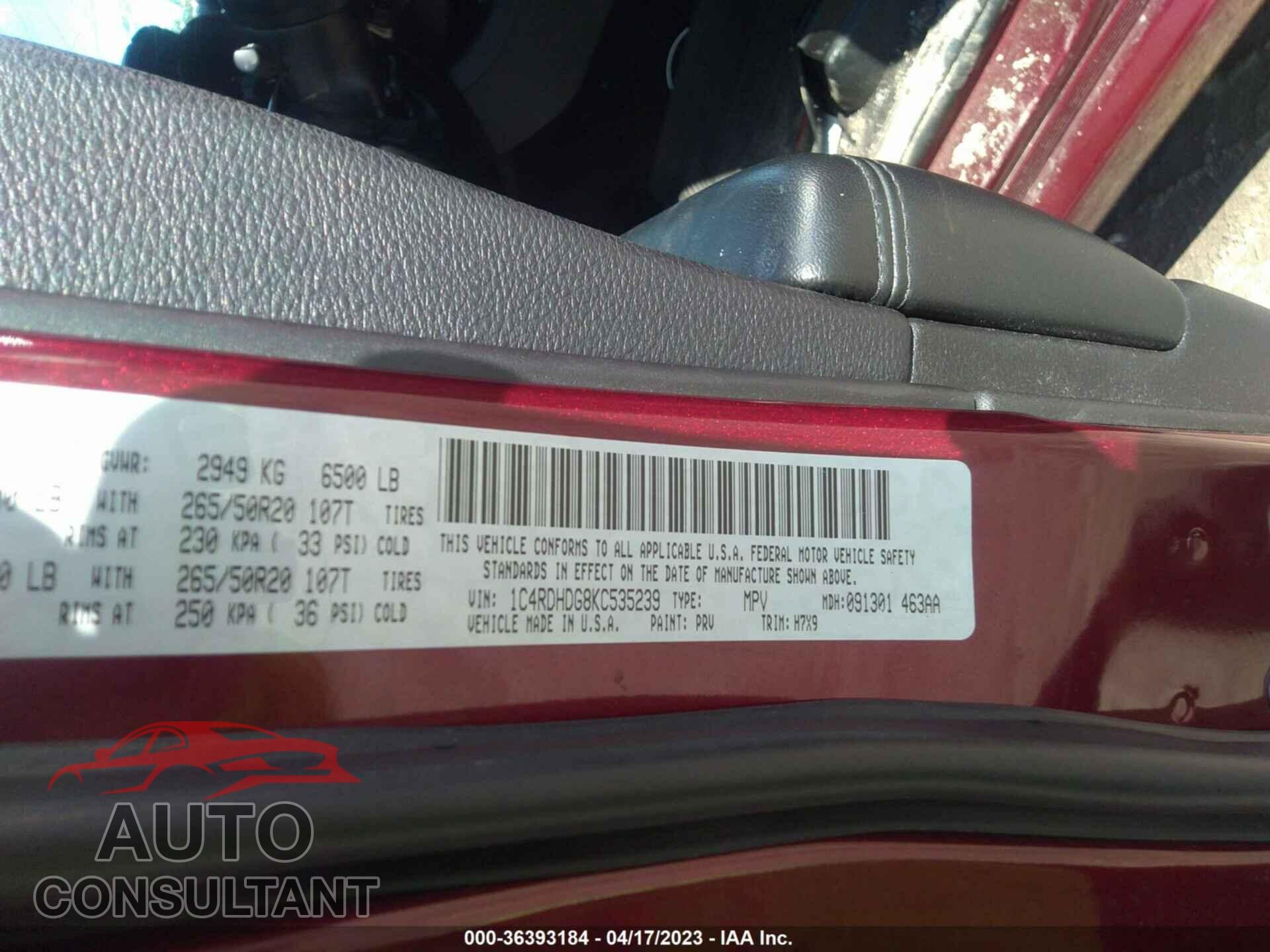 DODGE DURANGO 2019 - 1C4RDHDG8KC535239