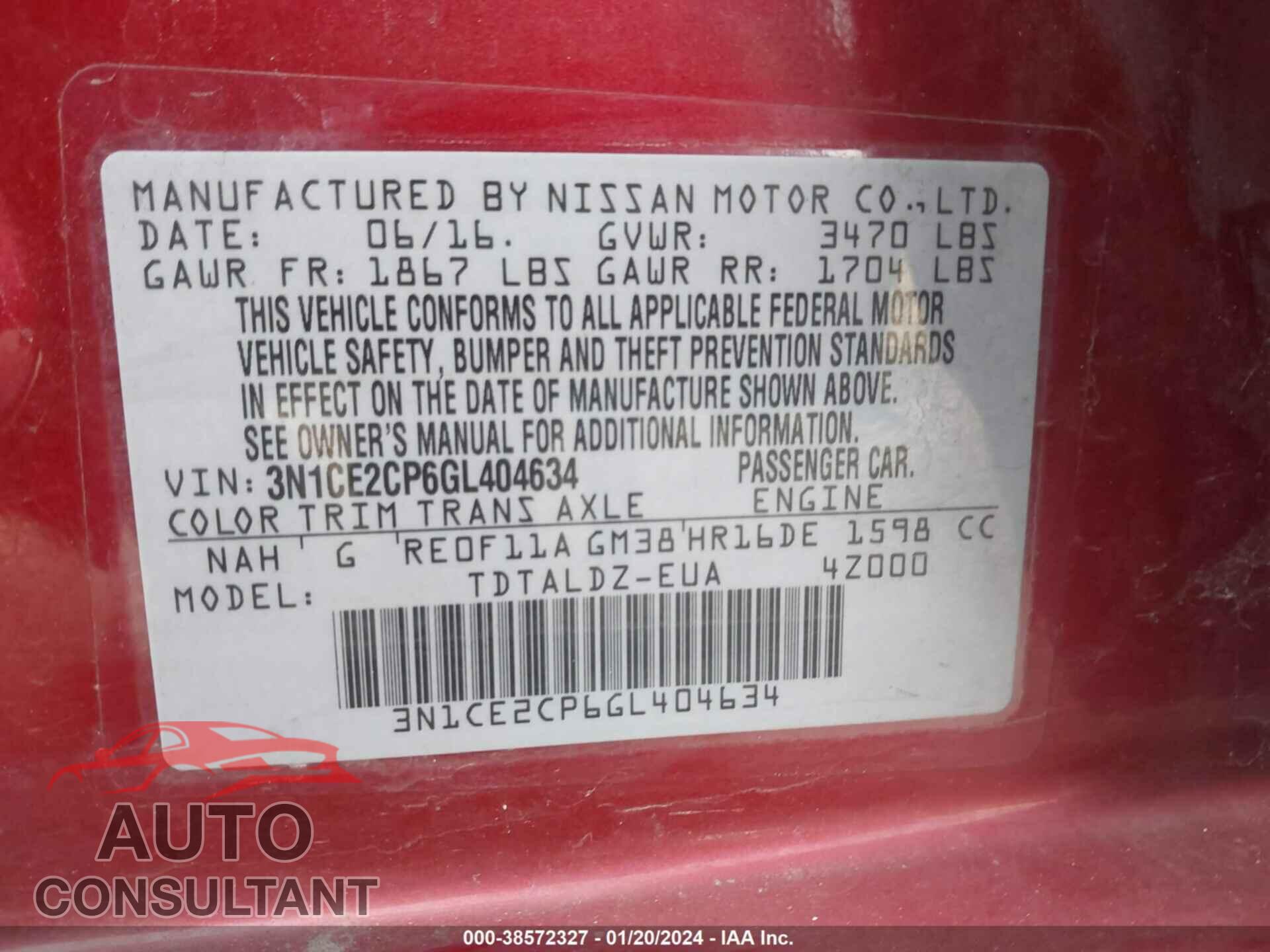 NISSAN VERSA NOTE 2016 - 3N1CE2CP6GL404634