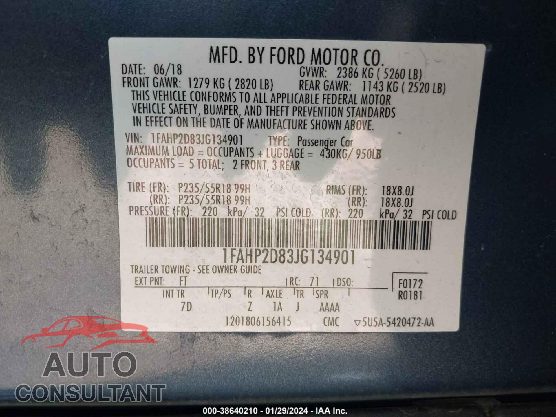 FORD TAURUS 2018 - 1FAHP2D83JG134901