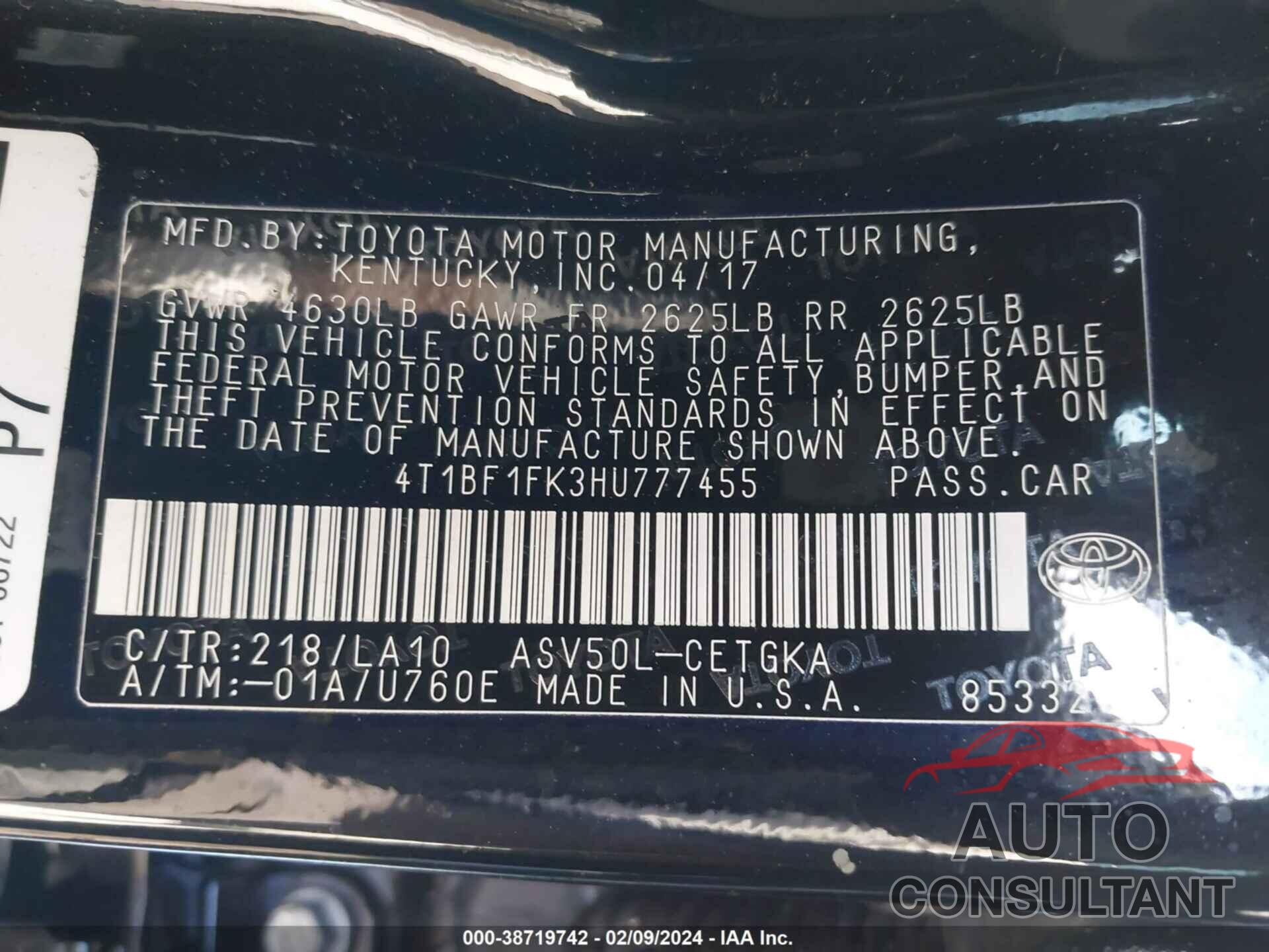 TOYOTA CAMRY 2017 - 4T1BF1FK3HU777455