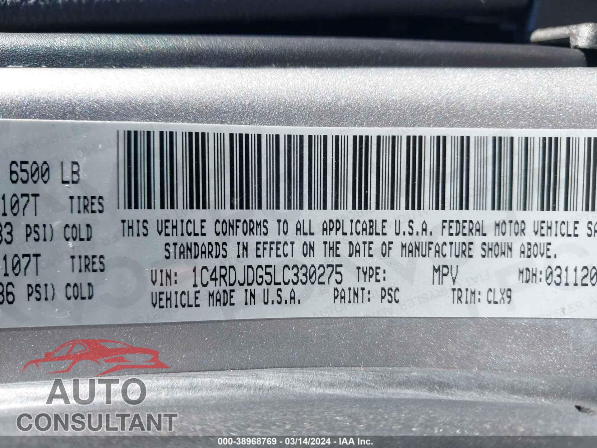 DODGE DURANGO 2020 - 1C4RDJDG5LC330275