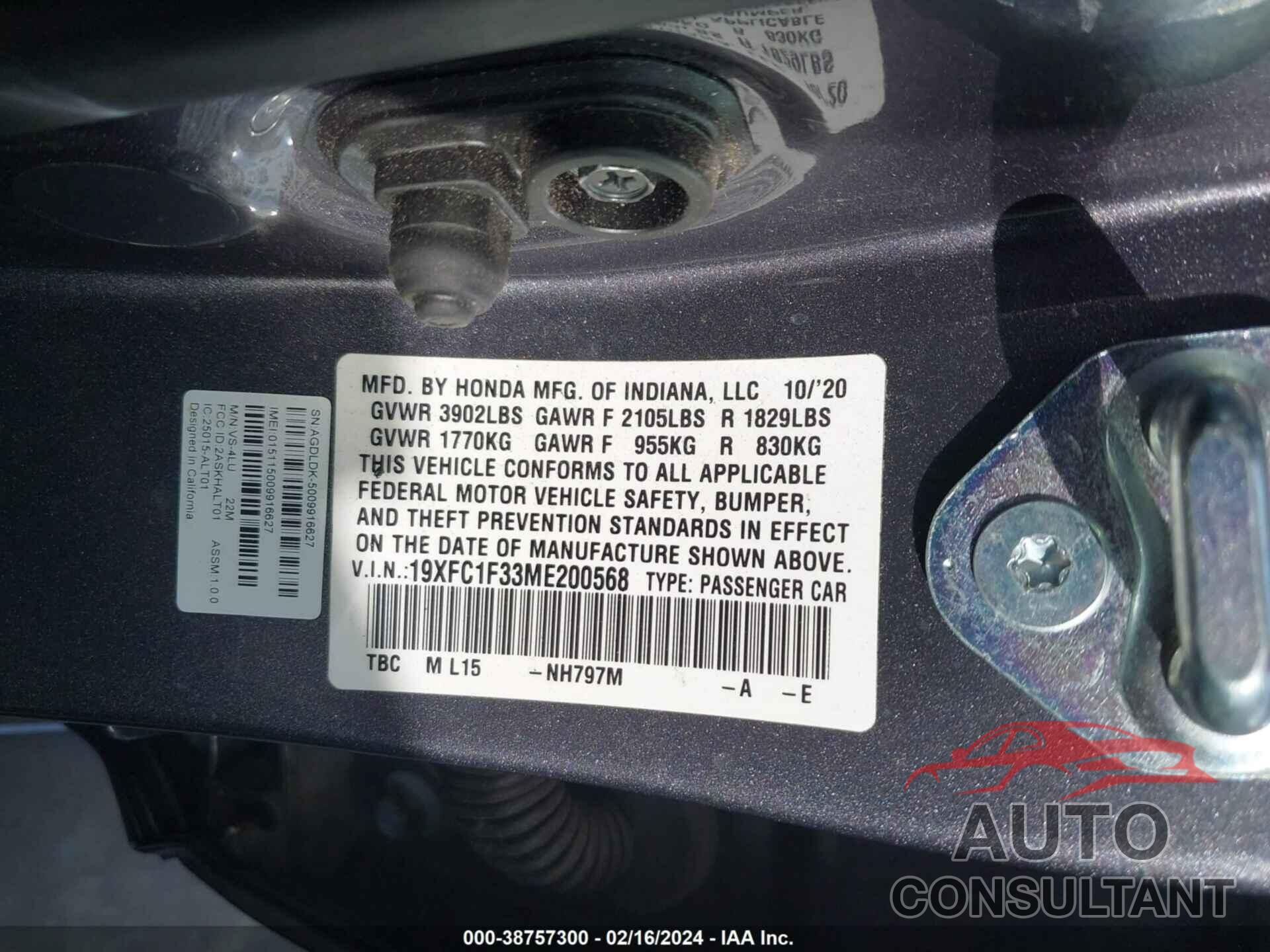 HONDA CIVIC 2021 - 19XFC1F33ME200568