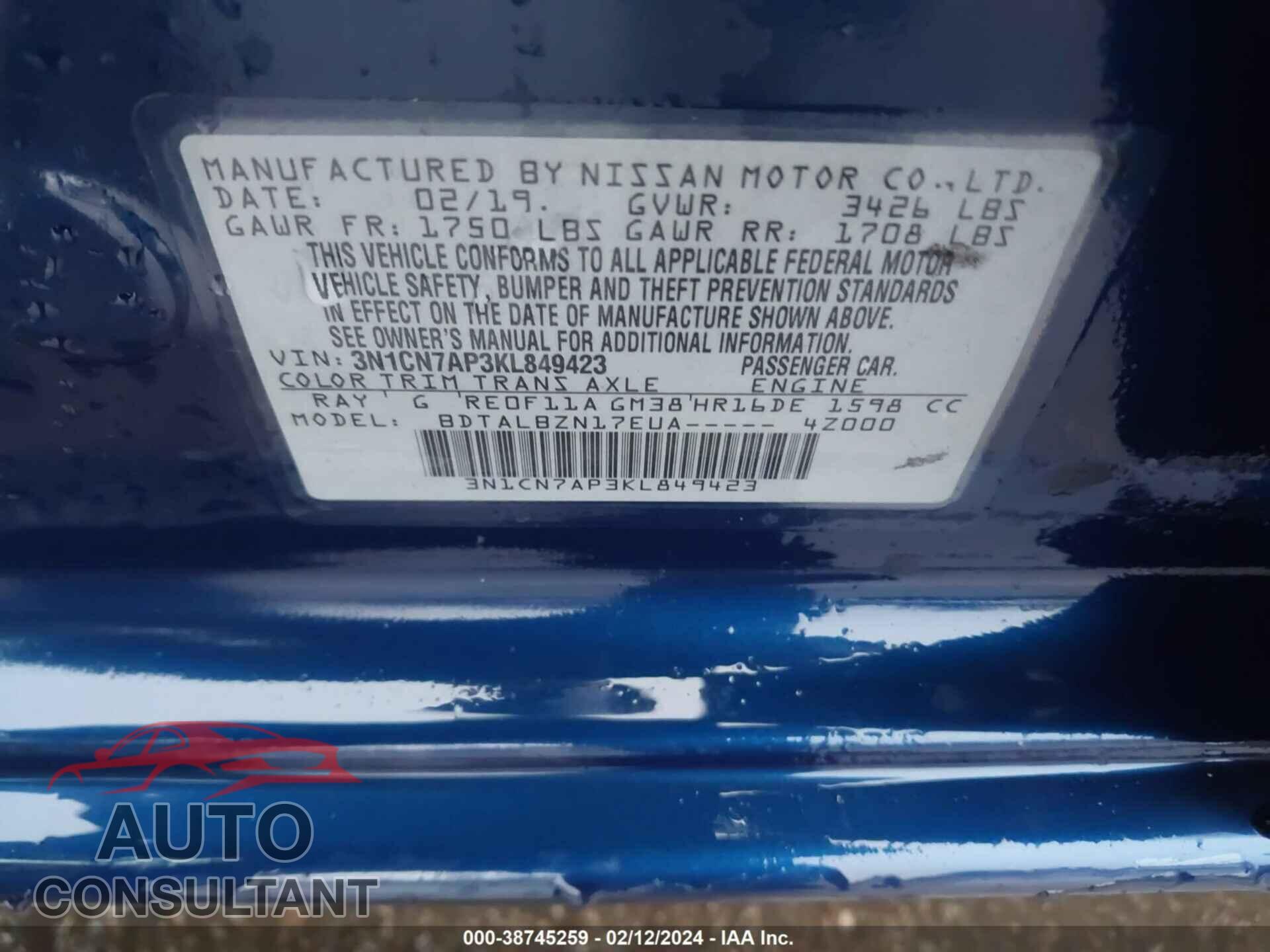 NISSAN VERSA 2019 - 3N1CN7AP3KL849423