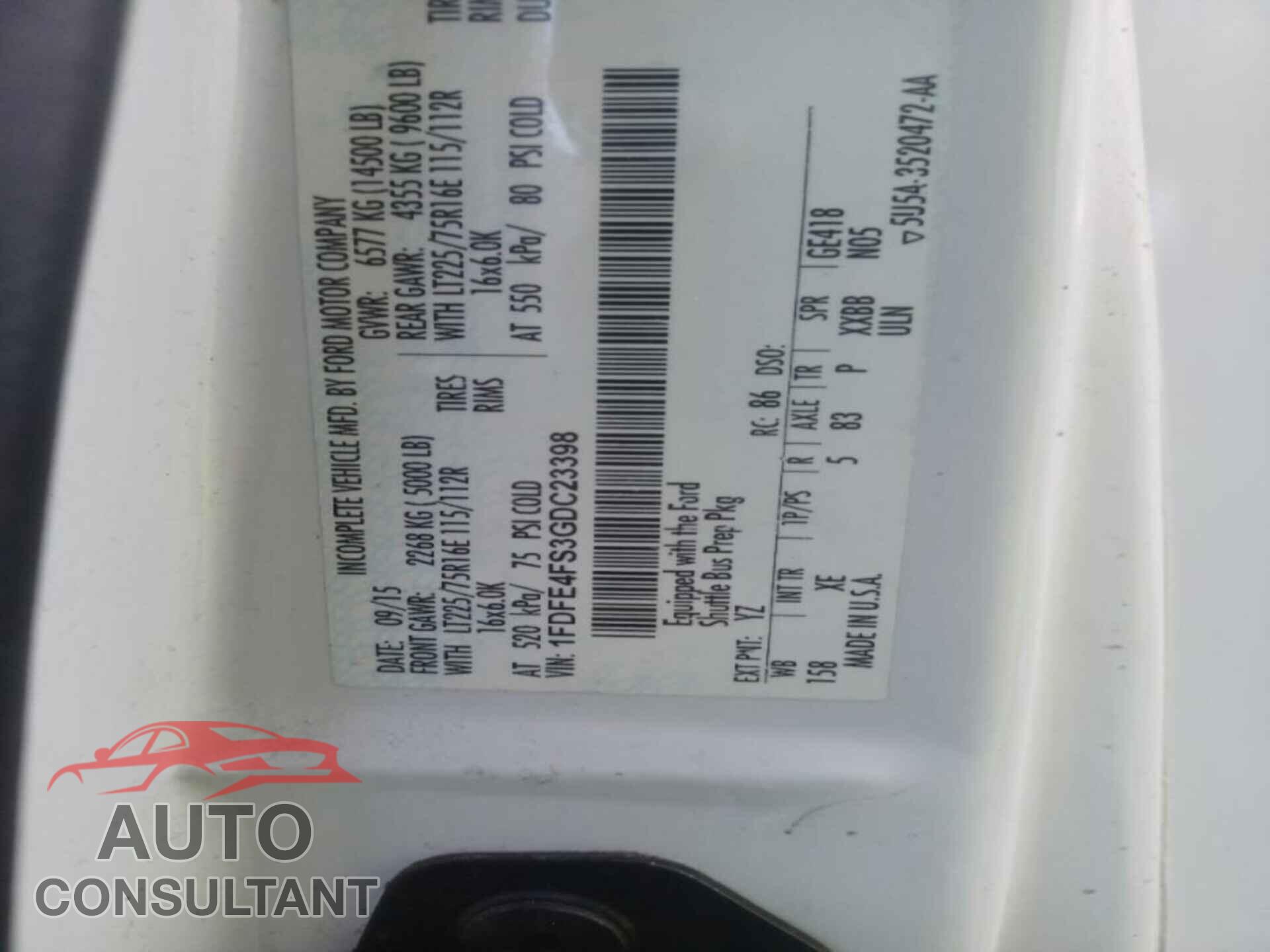 FORD E-450 CUTAWAY 2016 - 1FDFE4FS3GDC23398