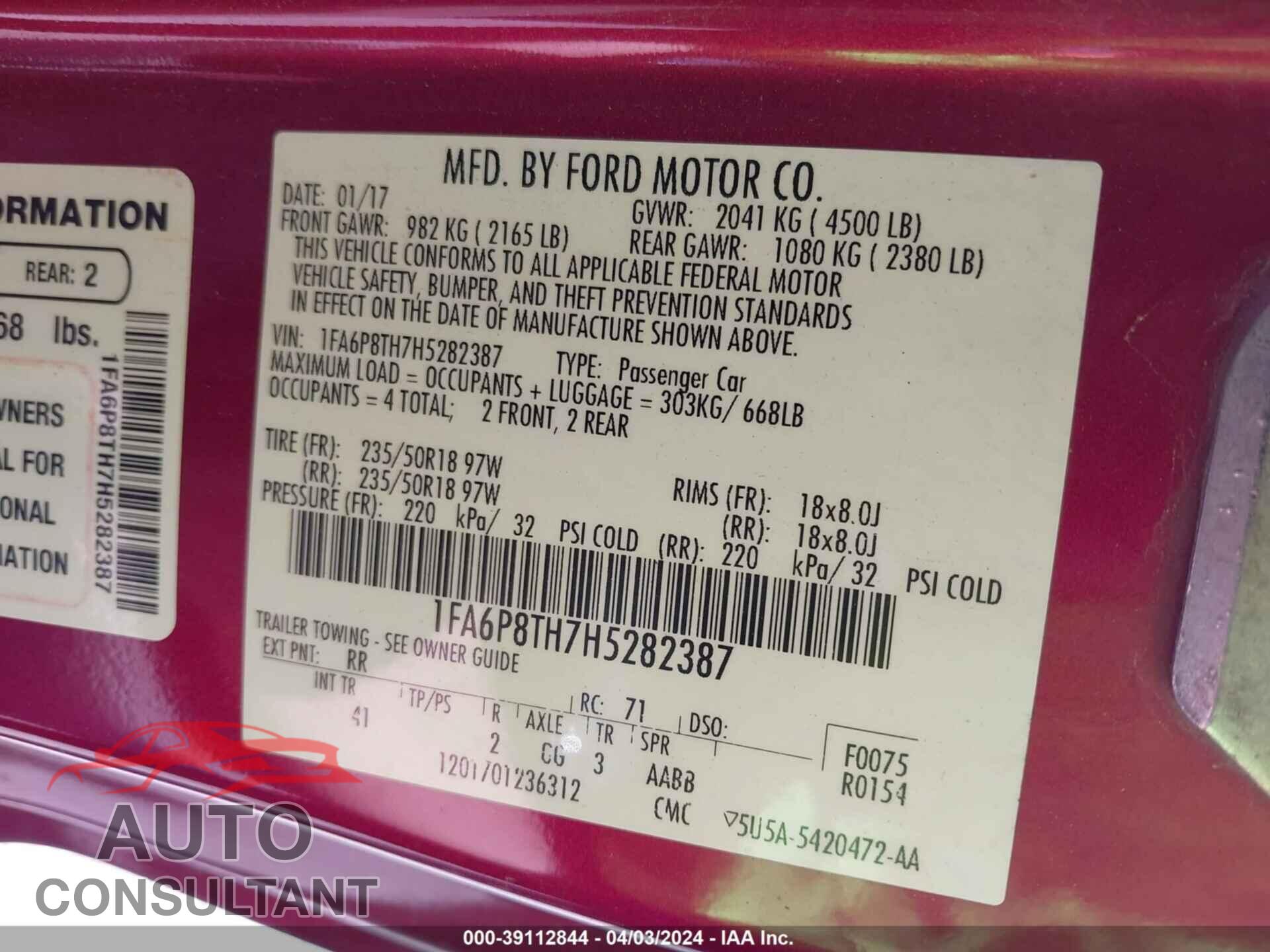 FORD MUSTANG 2017 - 1FA6P8TH7H5282387