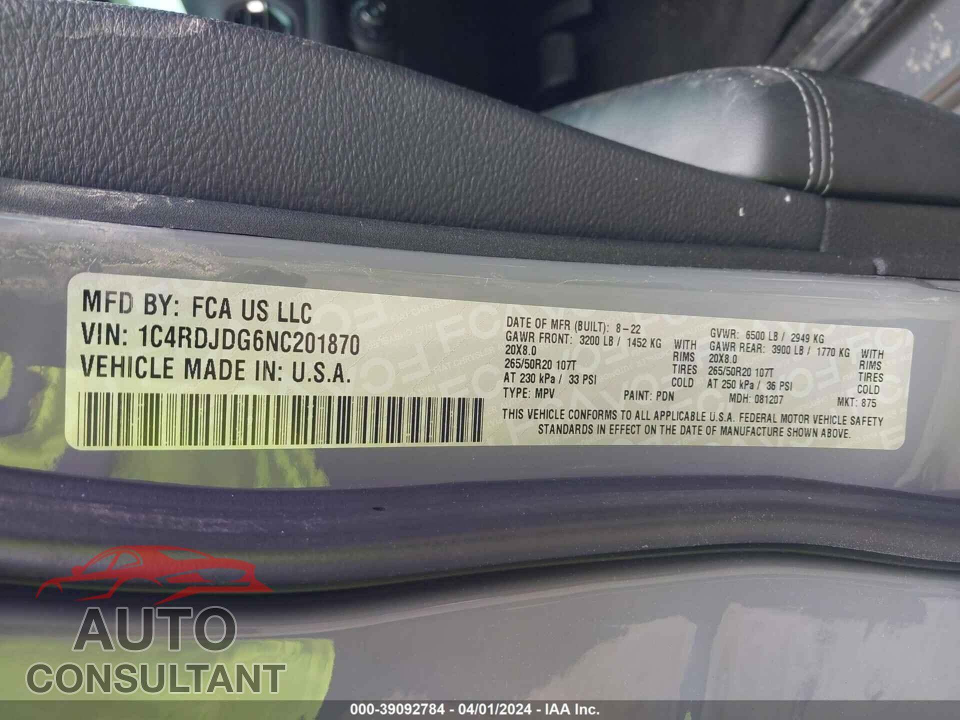 DODGE DURANGO 2022 - 1C4RDJDG6NC201870