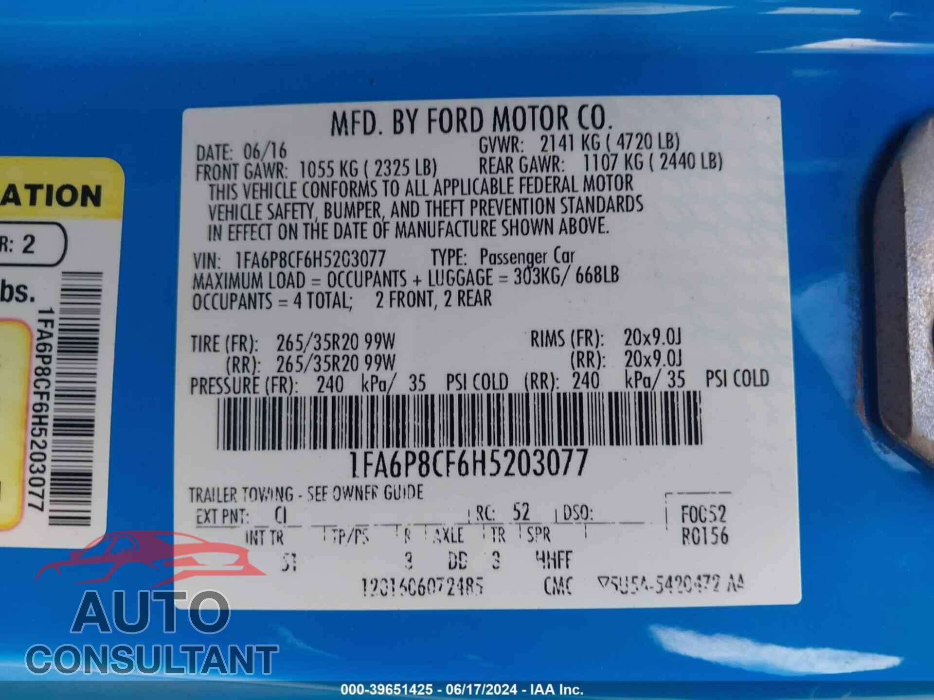 FORD MUSTANG 2017 - 1FA6P8CF6H5203077