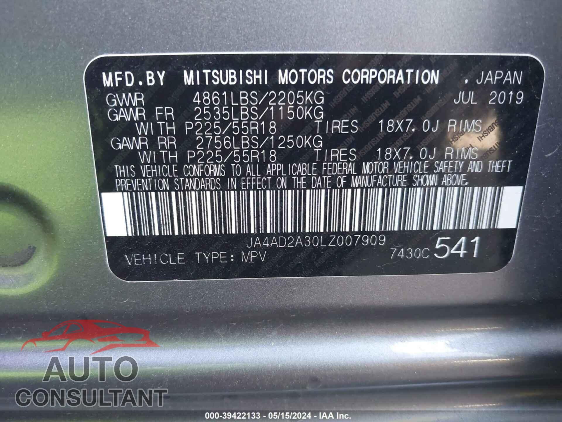 MITSUBISHI OUTLANDER 2020 - JA4AD2A30LZ007909