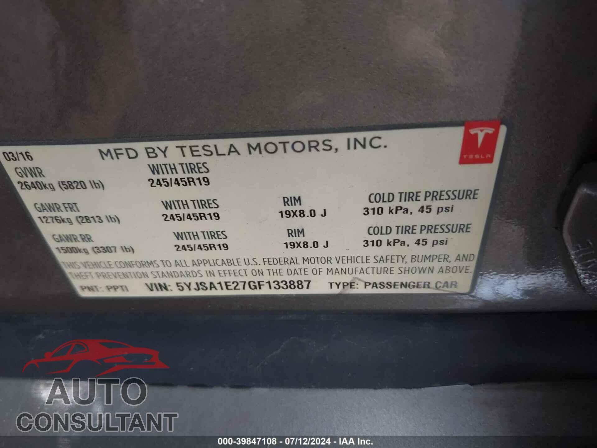 TESLA MODEL S 2016 - 5YJSA1E27GF133887