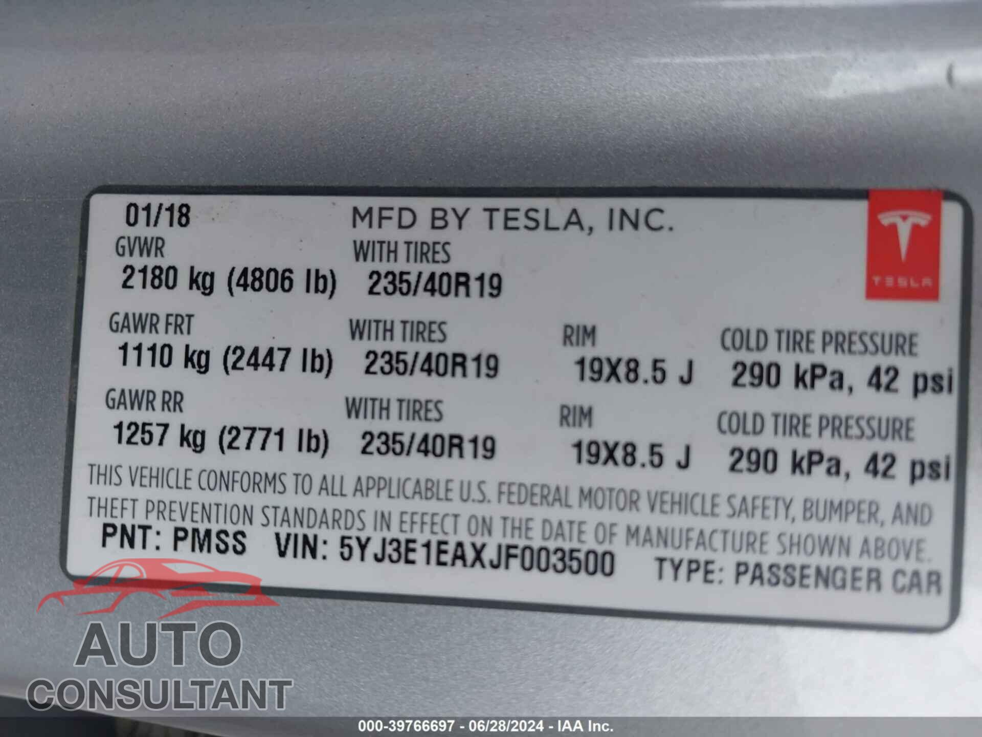 TESLA MODEL 3 2018 - 5YJ3E1EAXJF003500