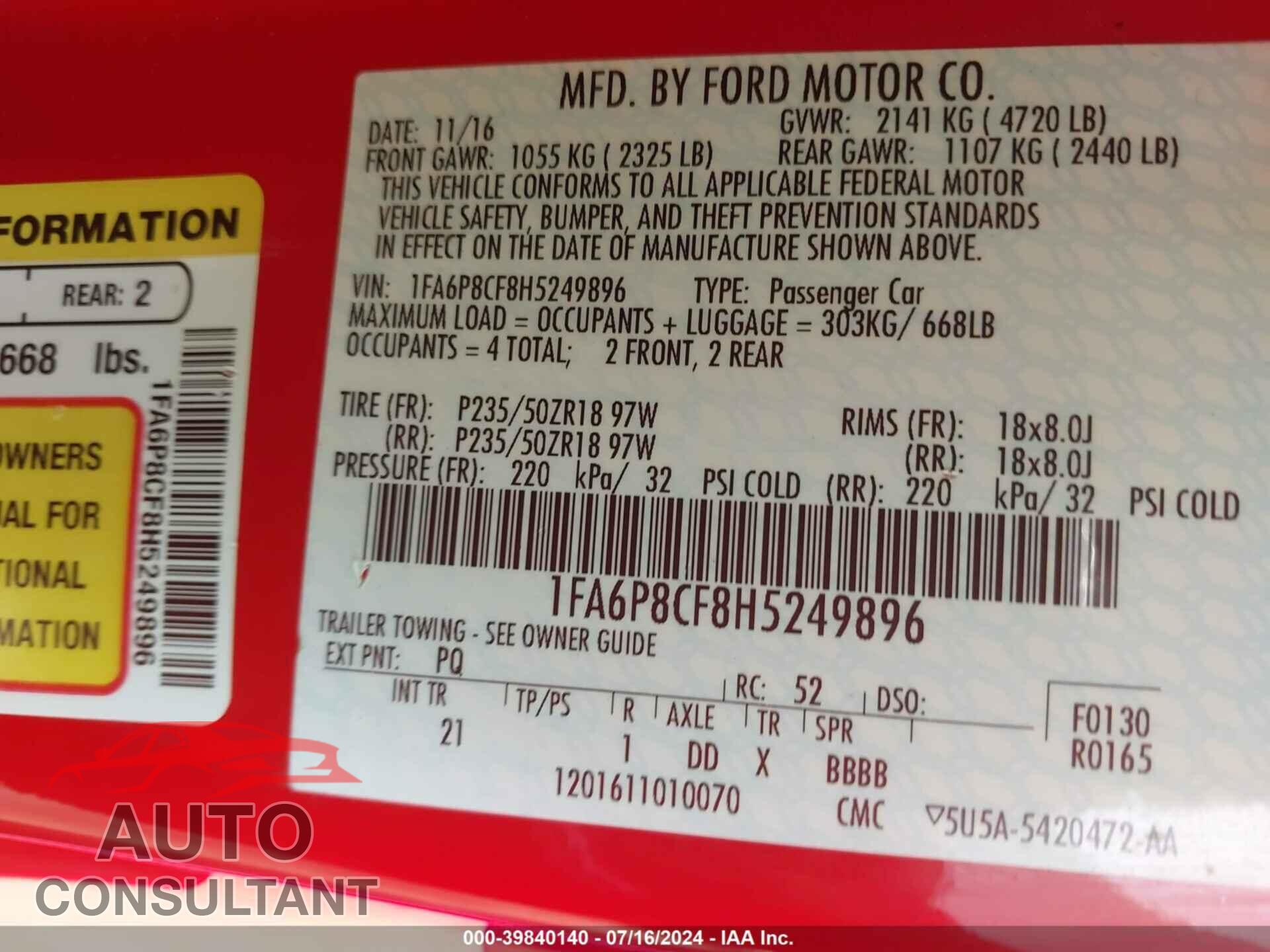 FORD MUSTANG 2017 - 1FA6P8CF8H5249896