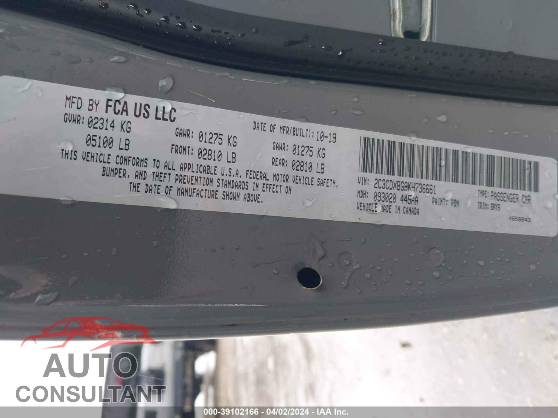 DODGE CHARGER 2019 - 2C3CDXBG8KH736661