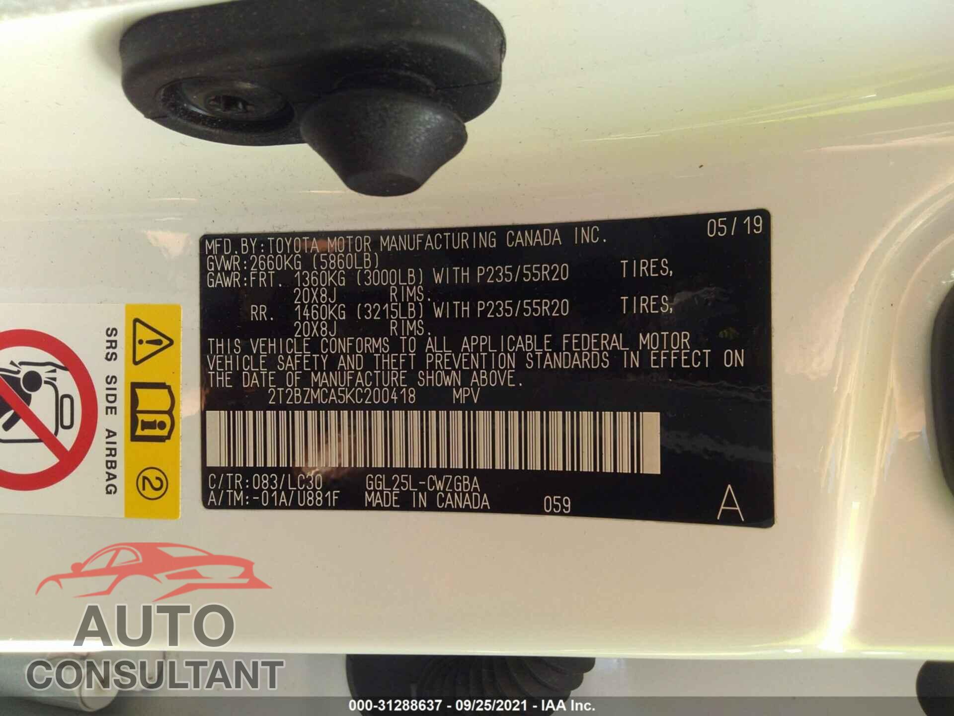 LEXUS RX 2019 - 2T2BZMCA5KC200418