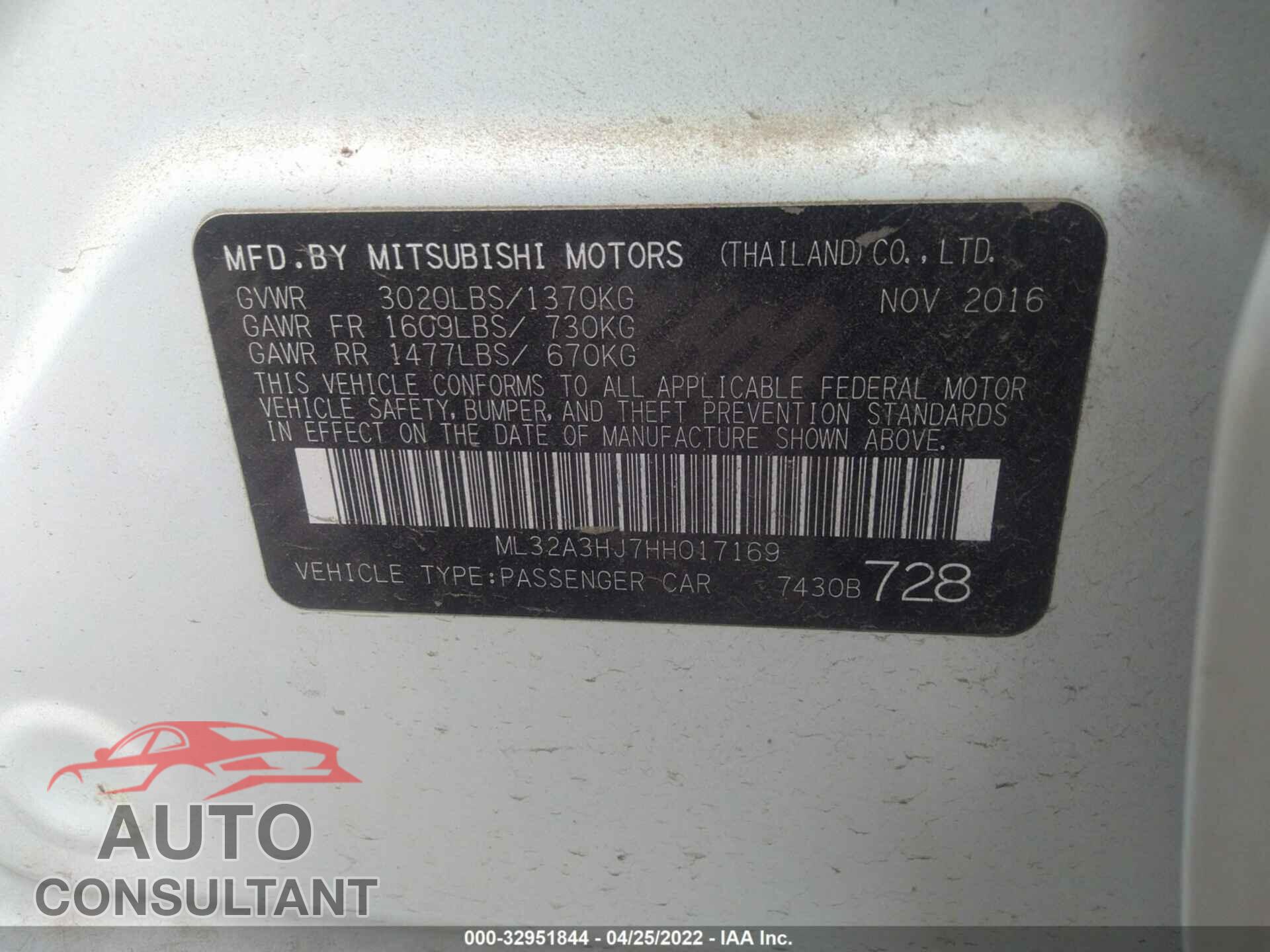 MITSUBISHI MIRAGE 2017 - ML32A3HJ7HH017169