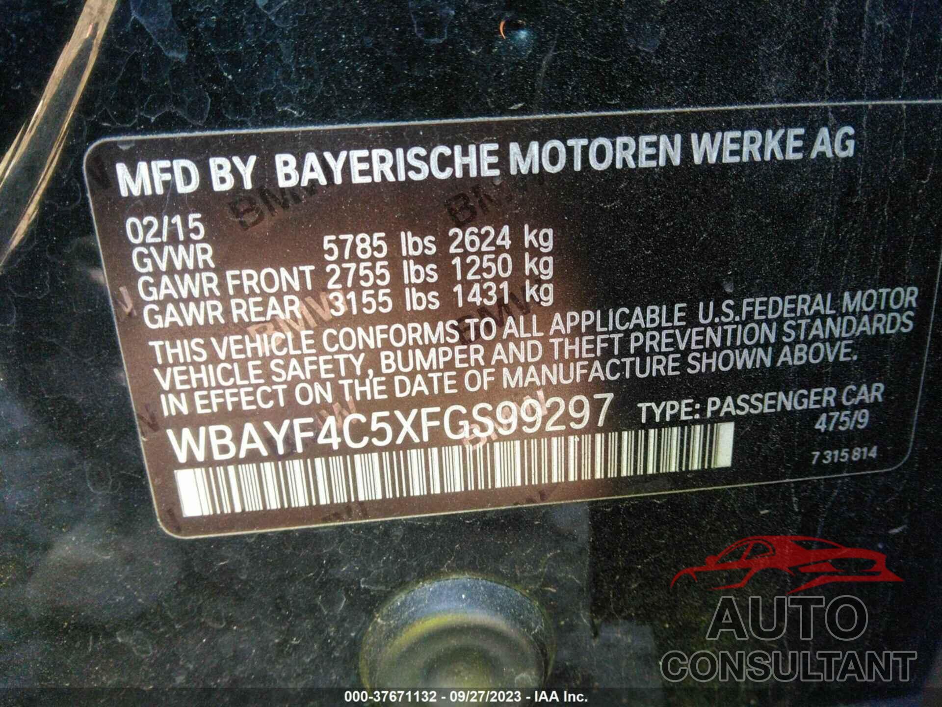 BMW 7 SERIES 2015 - WBAYF4C5XFGS99297