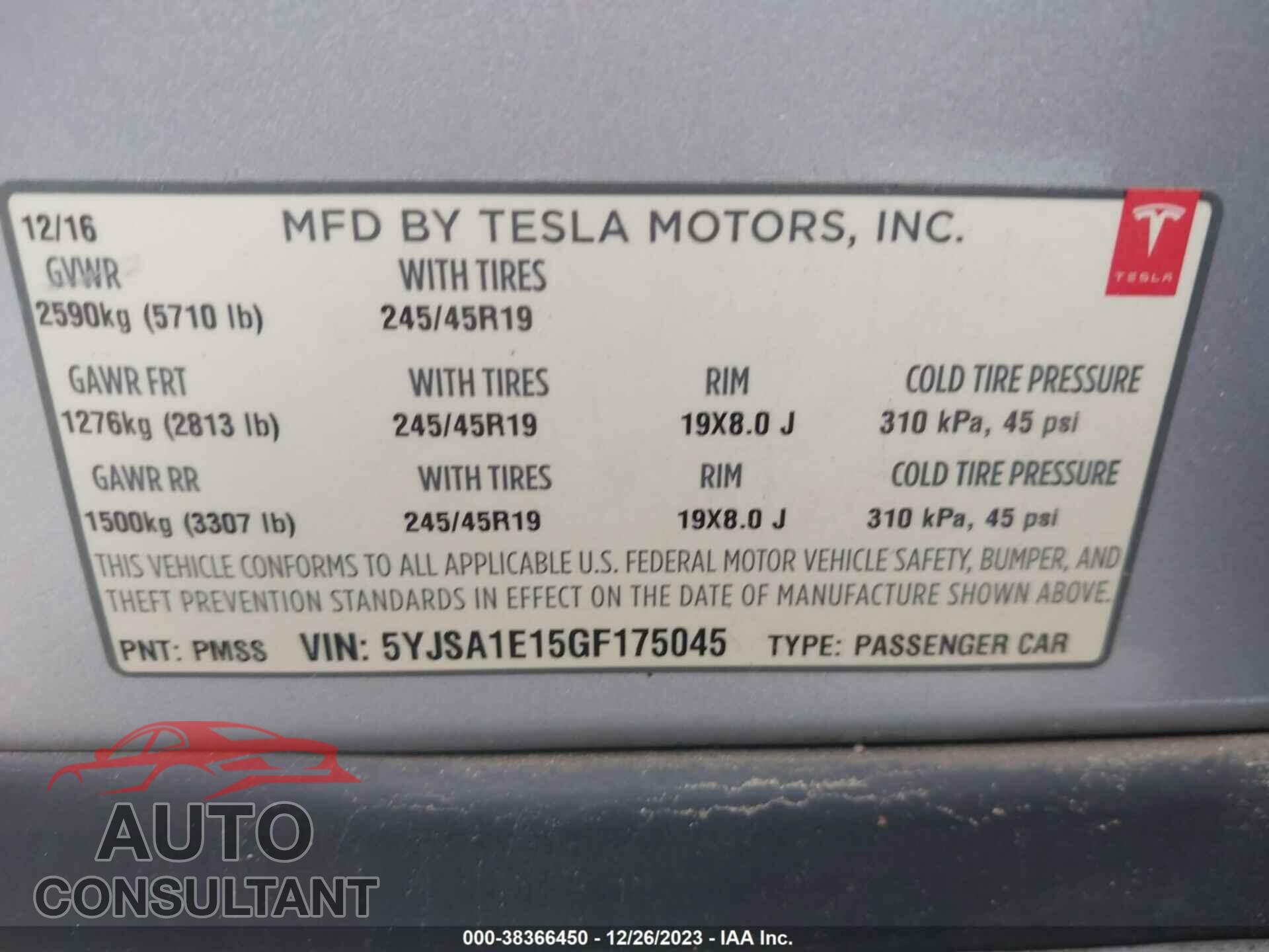 TESLA MODEL S 2016 - 5YJSA1E15GF175045