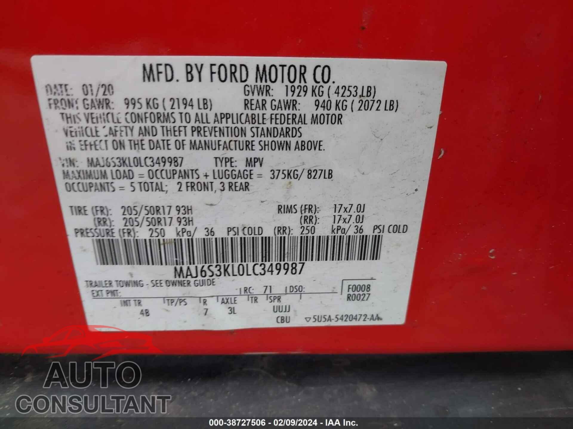 FORD ECOSPORT 2020 - MAJ6S3KL0LC349987