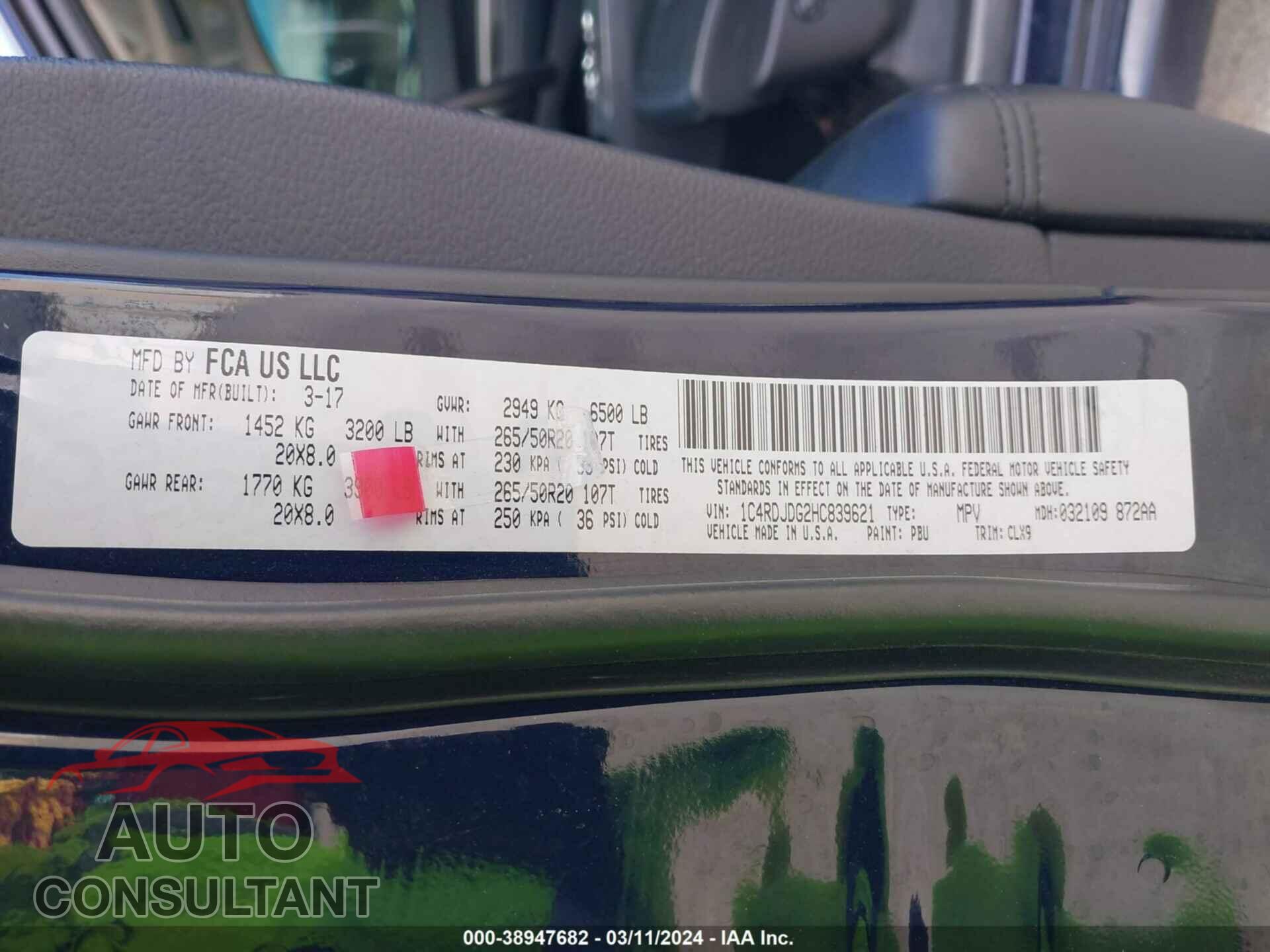 DODGE DURANGO 2017 - 1C4RDJDG2HC839621